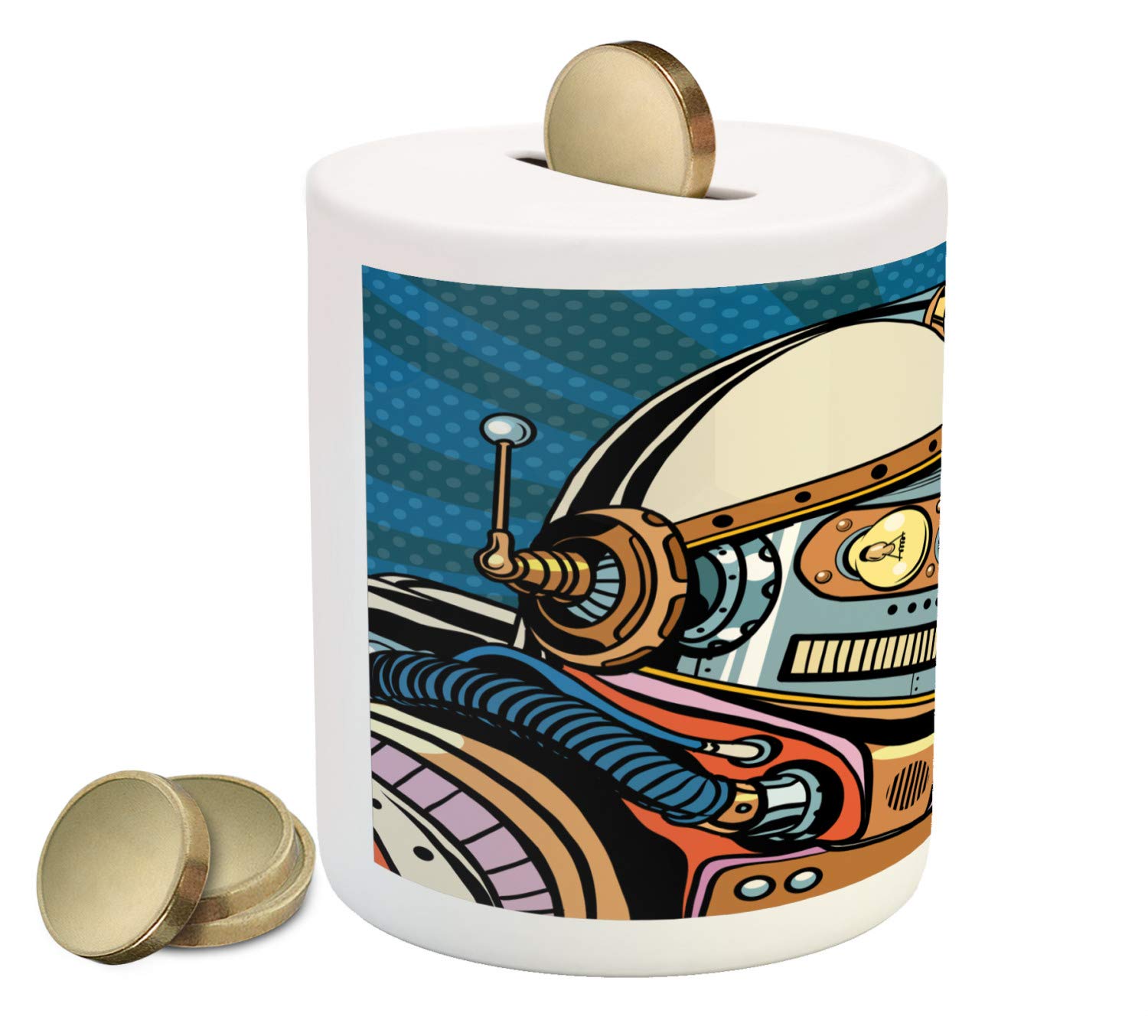 Ambesonne Modern Piggy Bank - Futuristic Comics Superhero Robot in Spacesuit with 'OK' Artwork, Printed Ceramic Coin Bank for Cash Savings (Multicolor) | Perfect Gift for Kids, Collectors & Superhero Fans - Birthday, Christmas, Home Decor