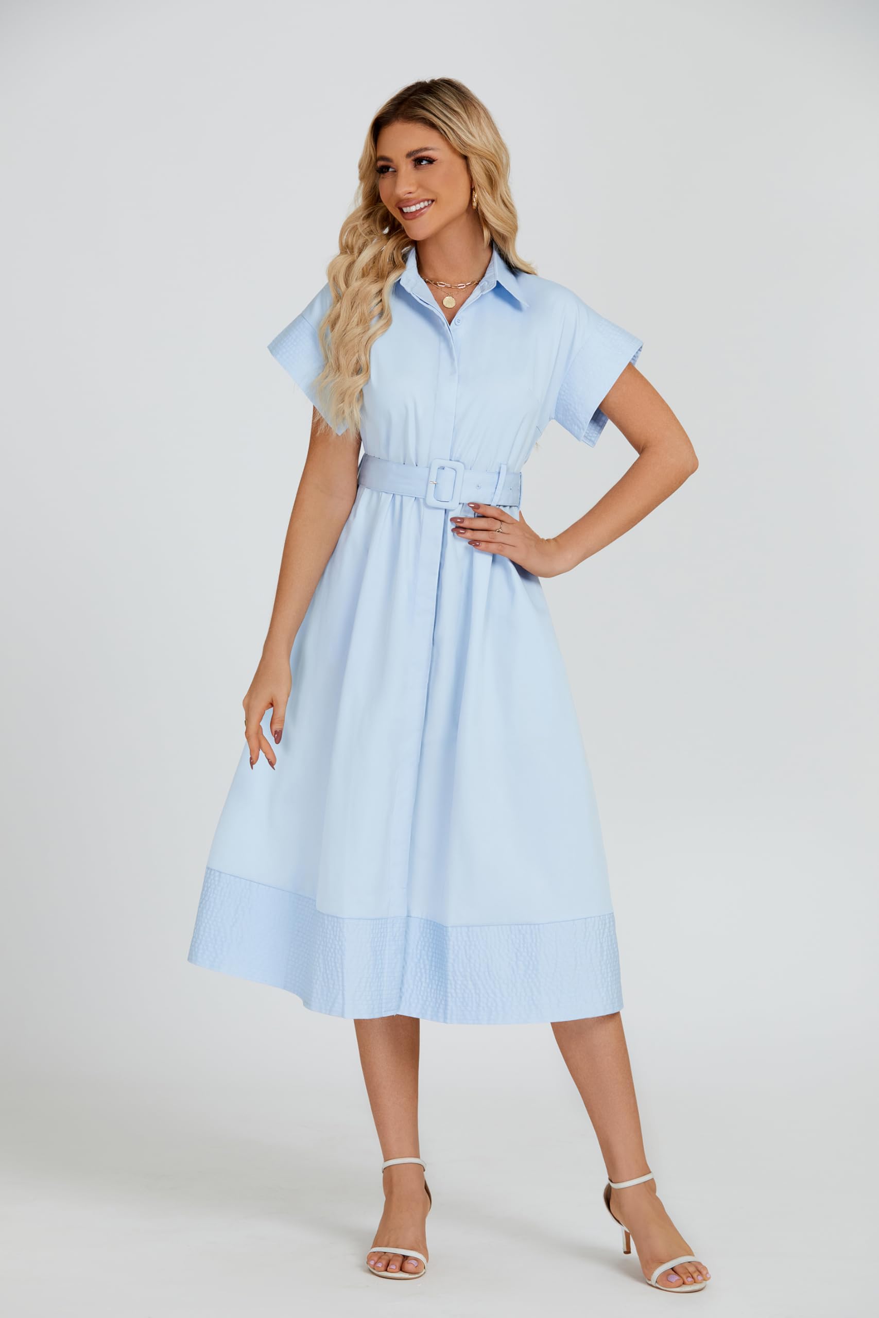 Stylish Women's Casual Button Down Shirt Dress with Short Wing Sleeves & Belt | Elegant Business Midi Dress in Light Blue | Perfect for Office Wear, Summer Outfits & Casual Occasions
