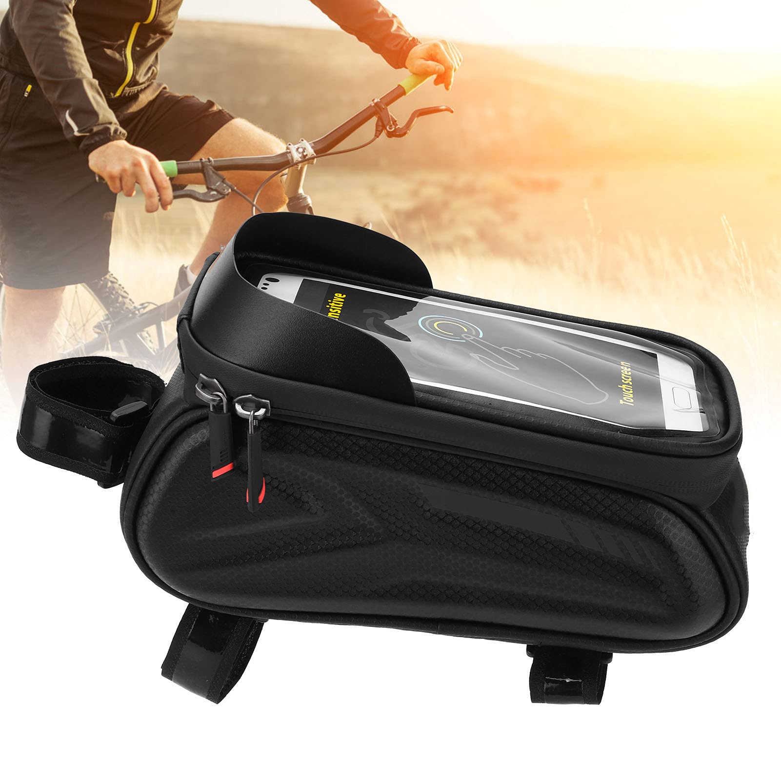 Waterproof Bike Phone Frame Bag - Reflective Bicycle Top Tube Pouch for iPhone & Android - Perfect for Cycling, Commuting & Outdoor Adventures (Colorful Reflective Strips)