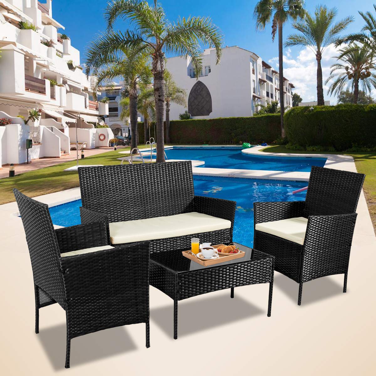 On Shine 4-Piece Patio Furniture Set - Outdoor/Indoor Conversation Set with Cushions (New Black) - Perfect for Backyard, Garden, Poolside & Balcony Relaxation