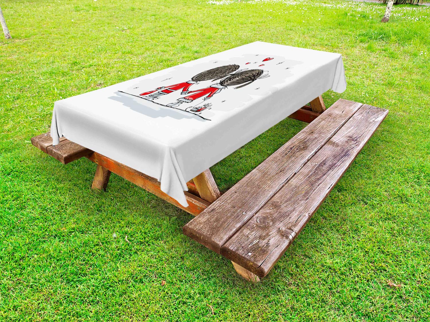 Ambesonne Christmas Tablecloth - Romantic Couple Holding Hands with Stars & Hearts Design, Washable Outdoor Picnic Table Cover 58x120 Inches, Scarlet Cocoa Grey - Perfect for Holiday Gatherings, Winter Parties & Cozy Home Decor