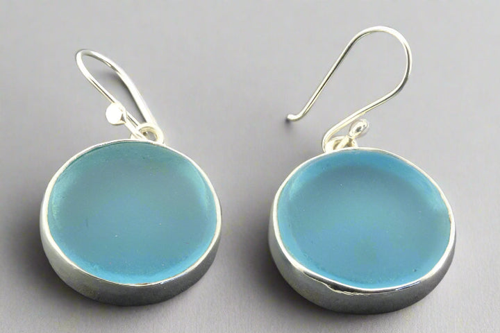 Sky Blue Large Circle Sea Glass Earrings - Handmade Boho Chic Jewelry for Beach Weddings & Summer Outfits