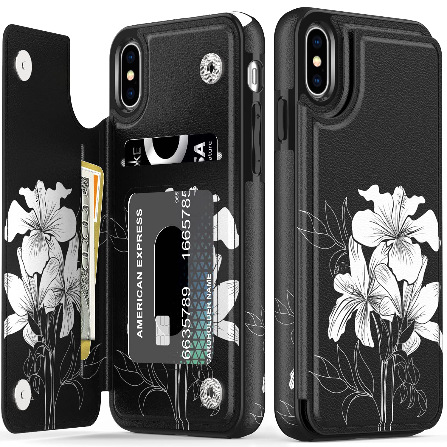 Premium Leather Wallet Case for iPhone X/Xs - Fashionable Floral Design Flip Folio Cover with Card Slots & Kickstand | Protective Phone Case for Women & Girls | Perfect for Work, Travel & Everyday Use