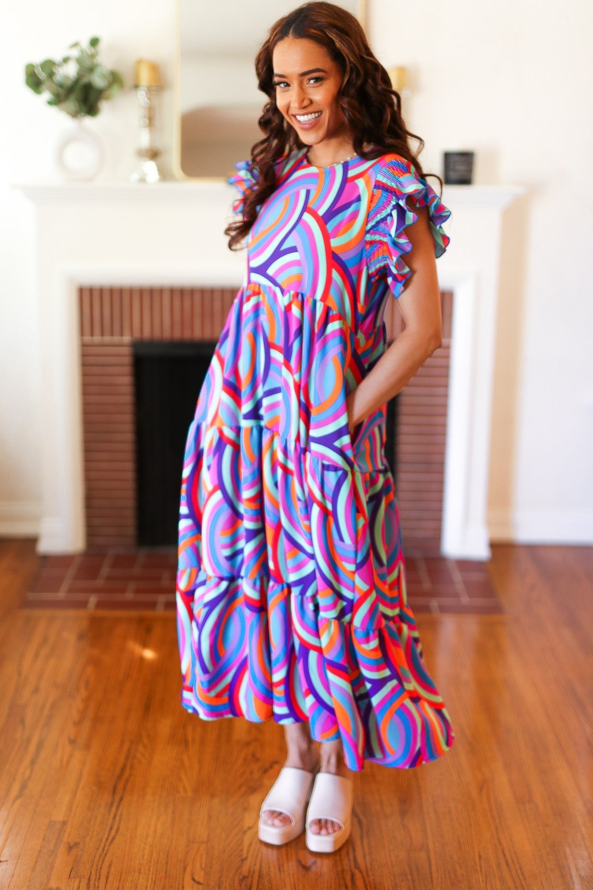 Stylish Purple Abstract Print Smocked Ruffle Sleeve Maxi Dress for Women | Flowy Bohemian Summer Beach Dress | Perfect for Vacations, Weddings & Date Nights
