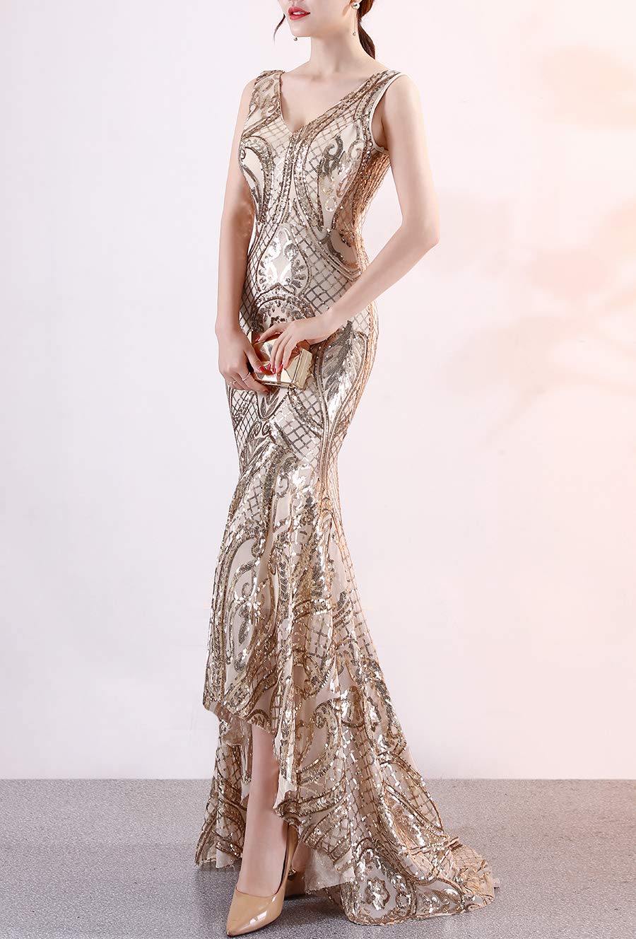 Elegant Women's V-Neck Sequin Asymmetrical Mermaid Evening Gown - Perfect for Prom, Cocktail Party & Formal Events