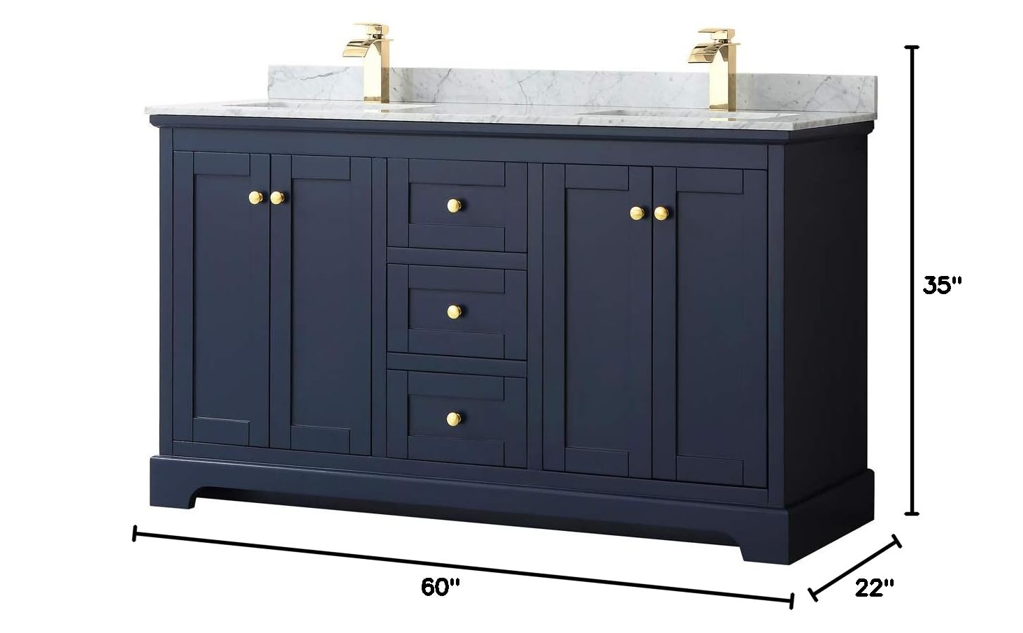 Wyndham Collection Avery 60 Inch Double Bathroom Vanity - Dark Blue with White Carrara Marble Countertop & Undermount Square Sinks | Modern Bathroom Furniture for Master Bath or Guest Bath Renovation