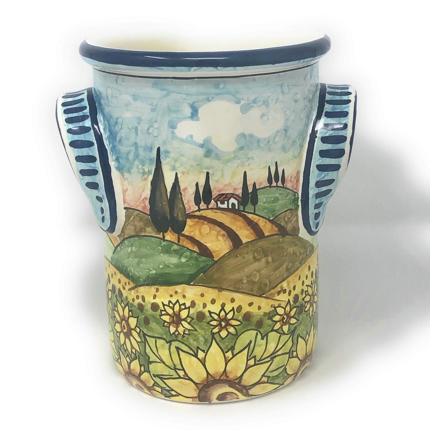 Hand-Painted Italian Ceramic Utensil Holder & Wine Bottle - Tuscan Sunflower Landscape Art Pottery, Made in Italy | Perfect for Kitchen Decor, Wine Storage & Tuscan-Themed Home Décor