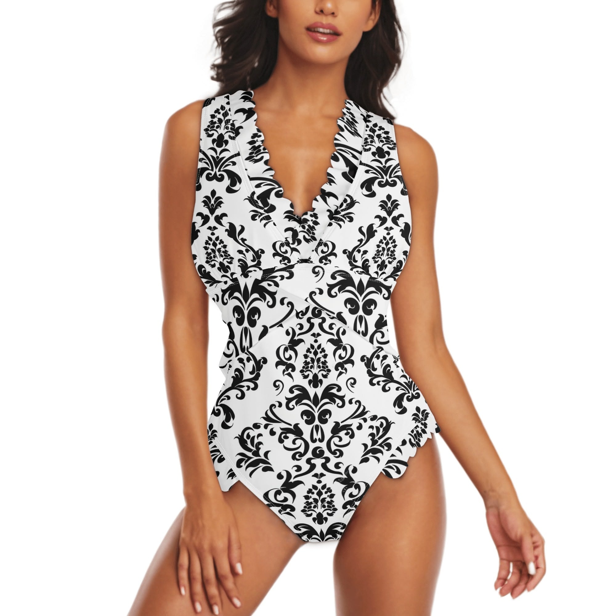 Gothic Style Ruffle Edge Cross Front One Piece Swimsuit for Women - Sexy Bathing Suit for Beach, Pool, and Summer Vacations