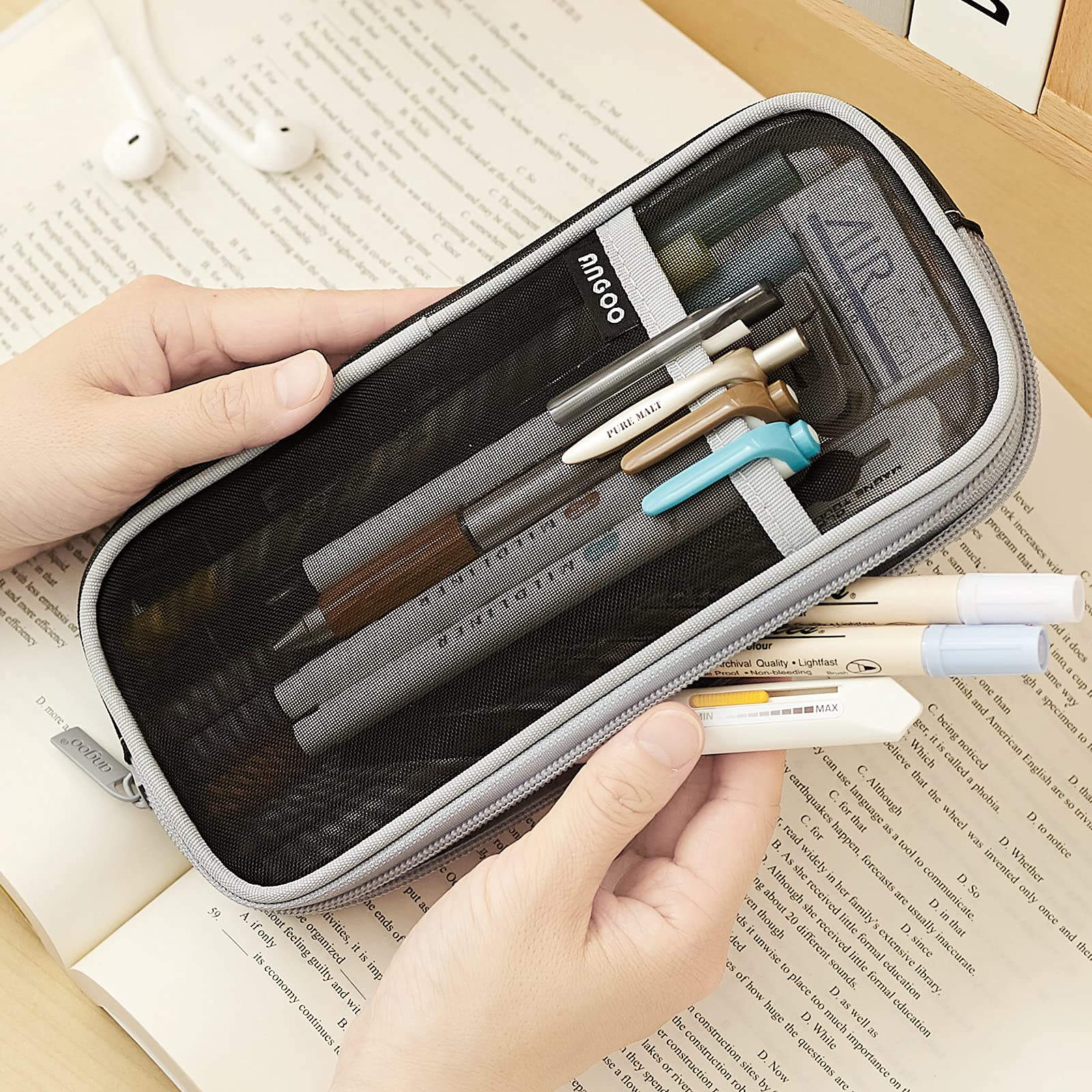 EASTHILL Grid Mesh Zipper Pencil Case - Clear Transparent Makeup Pouch for School, Office & Travel - Multi-Purpose Stationery Organizer for Teens, Girls & Boys (Black) - Perfect for Cosmetics, Pens & Small Accessories Storage