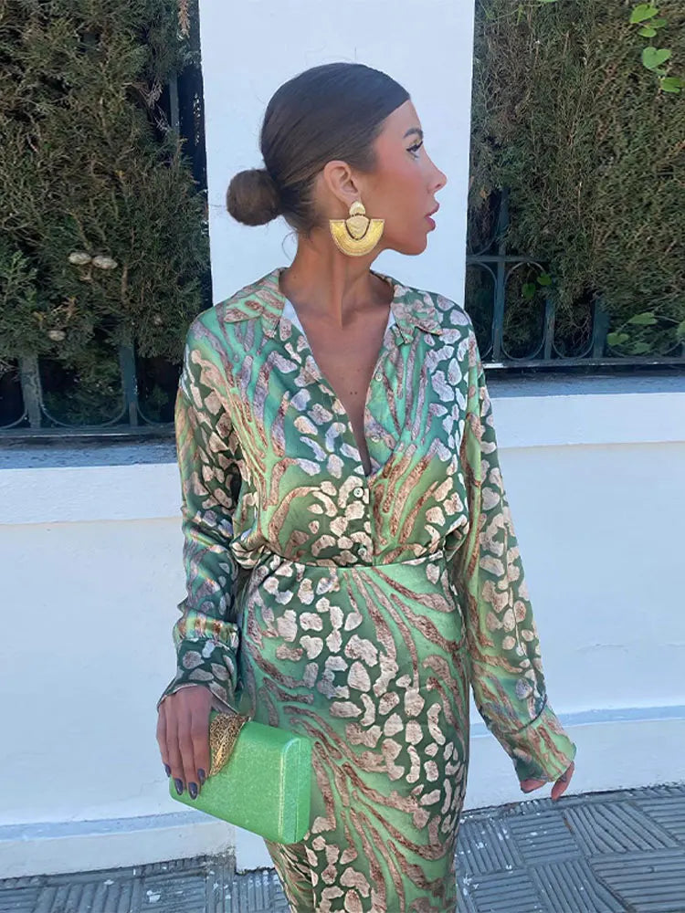 Stylish Women's Printed Shirt & High Waist Skirt 2-Piece Set - Summer Fashion Outfit with Lapel Sleeves for Casual Wear, Office, and Street Style