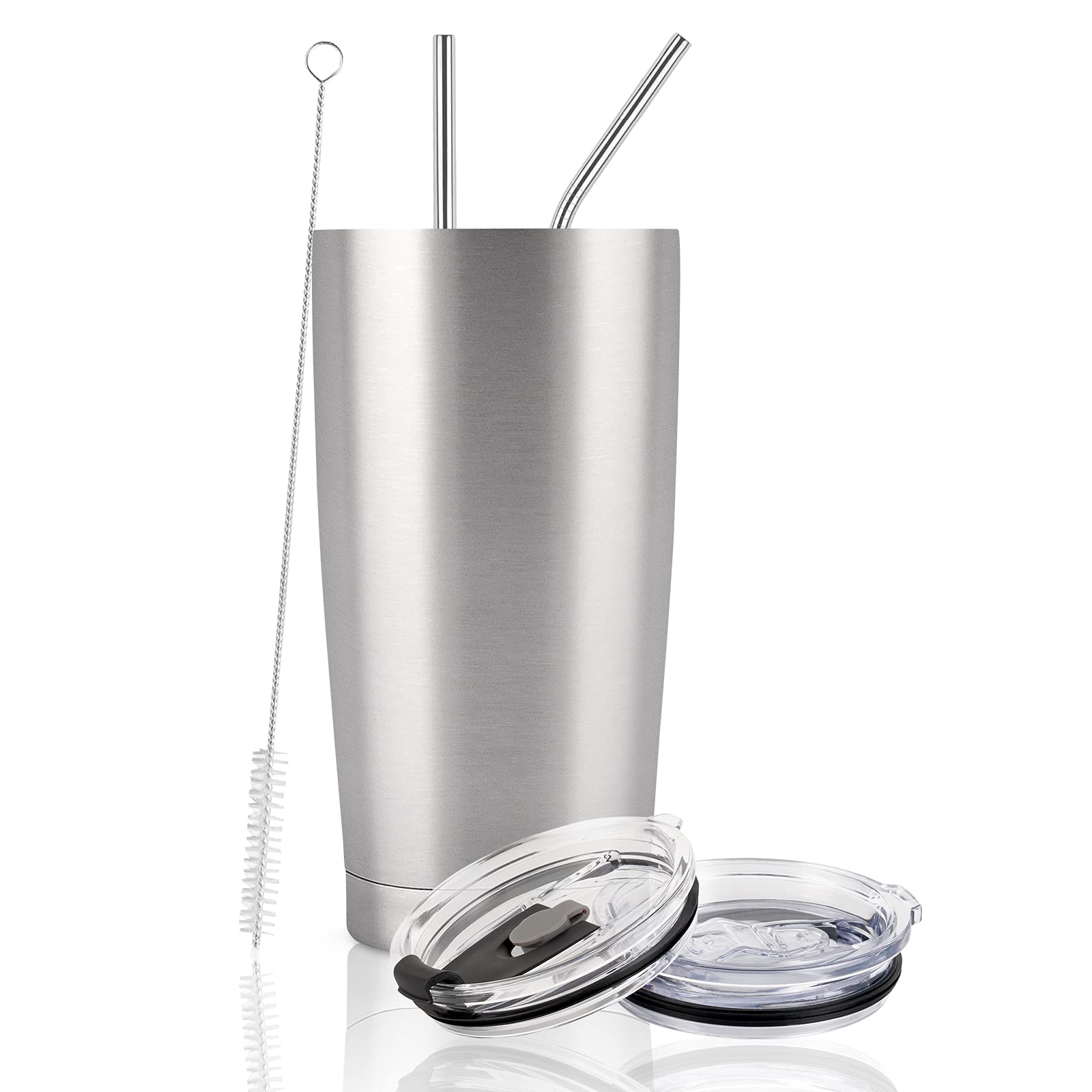 20oz Stainless Steel Vacuum Insulated Travel Tumbler with Lid & Straw - Double Wall Powder Coated Mug for Hot & Cold Drinks - Perfect for Office, Commuting, Hiking & Outdoor Activities (Silver)
