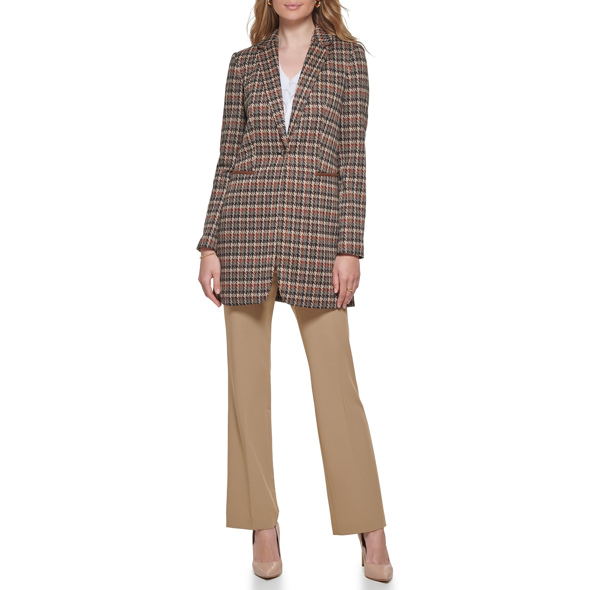 Tommy Hilfiger Women's Long Plaid Fitted Single Button Blazer Jacket - Stylish Office Wear & Business Casual Outfit for Professional Women