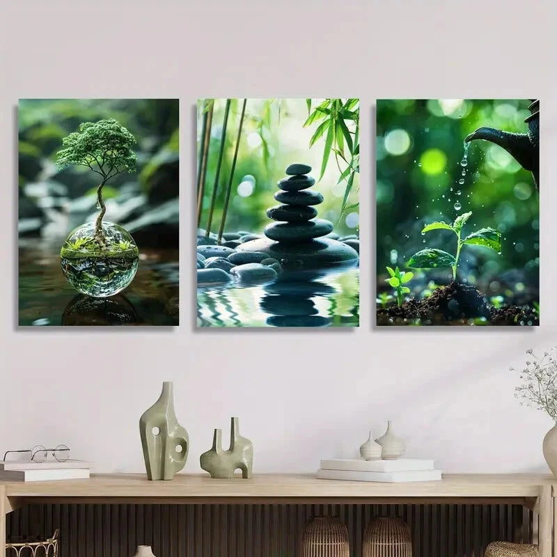 3-Piece Bamboo Metal Print Wall Art - Tree in Water Ball Design, Ready to Hang for Home & Office Decor | Perfect for Living Room, Bedroom, or Gift Giving