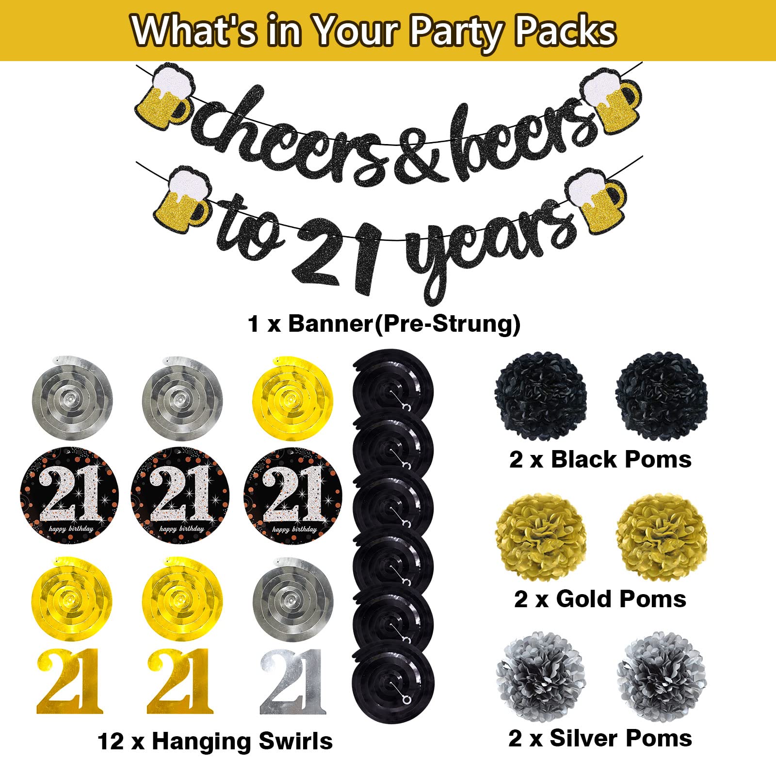 21st Birthday Party Decorations Kit for Men & Women - Cheers to 21 Years Banner, Pom Poms, Flowers & Sparkling Hanging Swirls - Perfect for 21st Birthday Celebrations, Weddings & Special Events