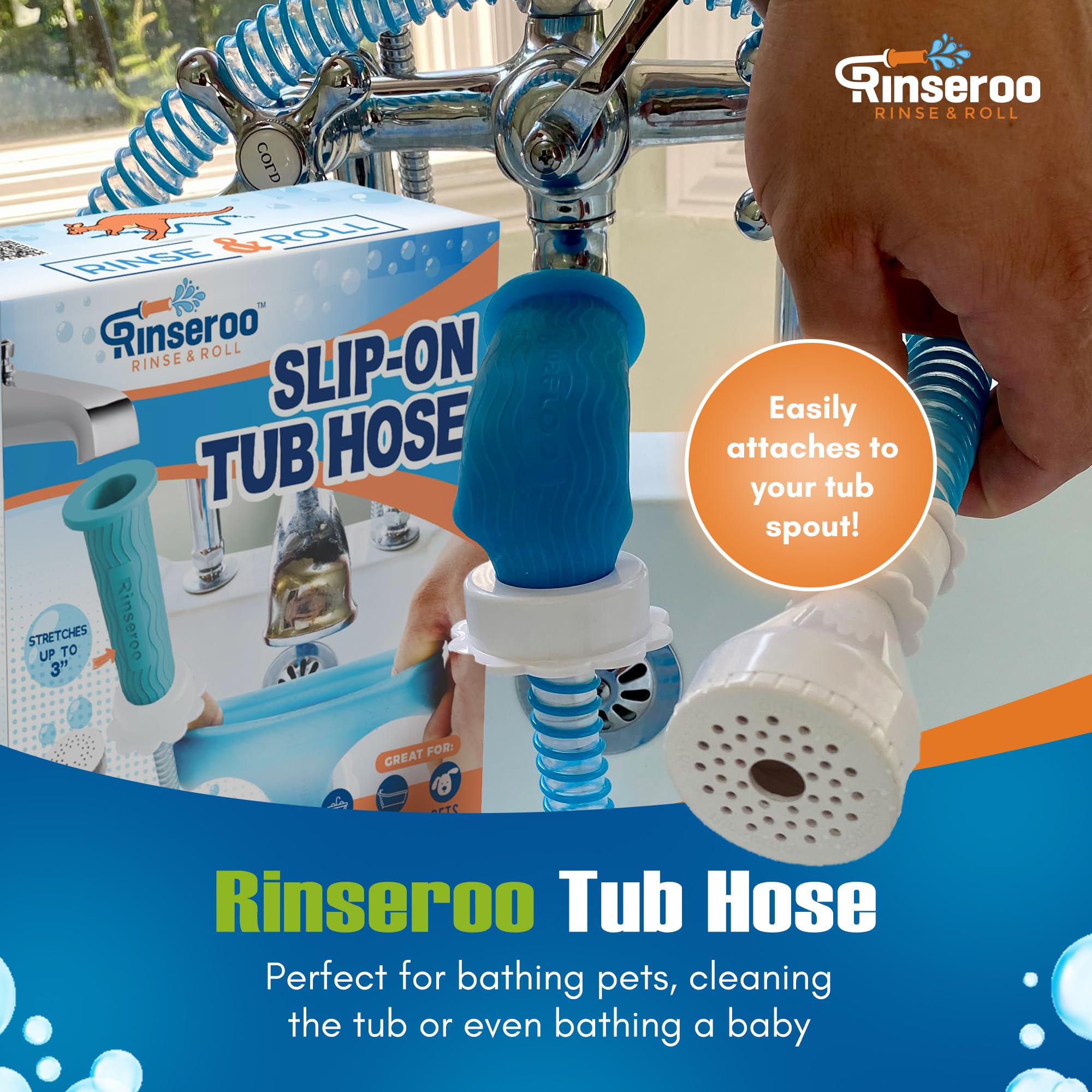 Rinseroo Slip-On Bathtub Faucet Sprayer Attachment - 5FT Ultra-Flexible Dog Shower Hose Adapter with Sprayer Head | No Installation Required for Quick Pet Bathing | Perfect for Bathing Dogs, Cats, and Washing Hair in Bathtub or Sink