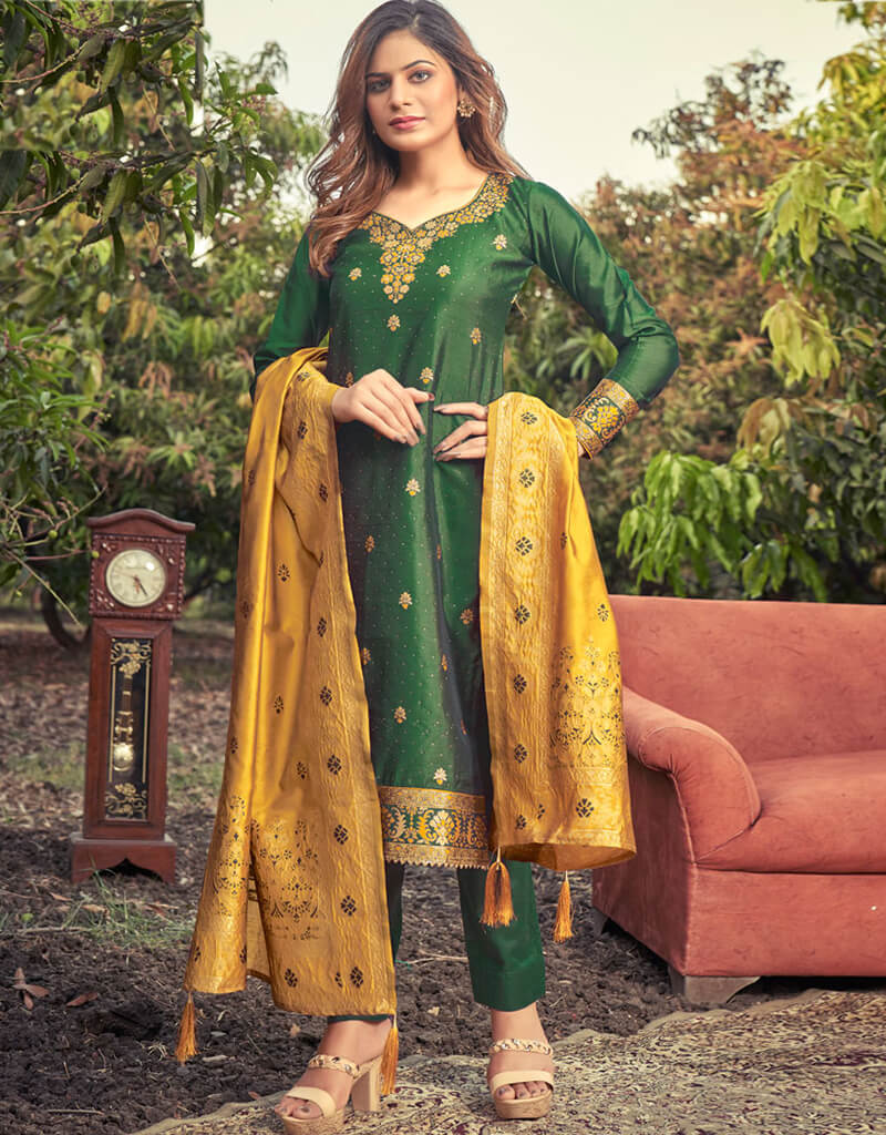 Banarasi Jacquard Green Salwar Kameez Suit with Pant Bottom | Traditional Indian Ethnic Wear for Women | Perfect for Weddings, Festivals & Special Occasions