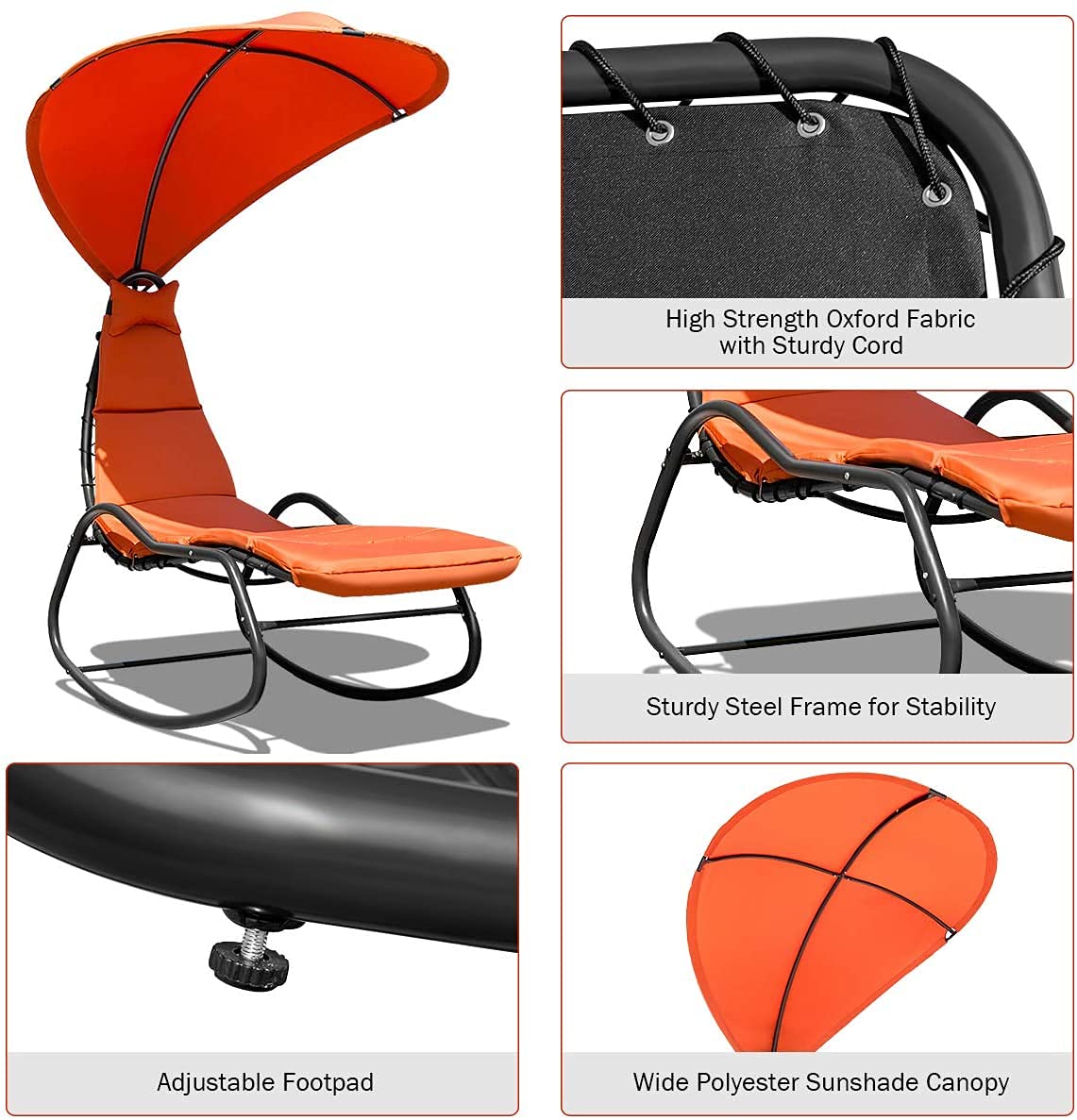 GRAFFY Outdoor Chaise Lounge Swing Chair with Removable Cushion & Canopy - Patio Hammock Rocking Chair for Garden, Backyard, Poolside - Comfortable Recliner with Adjustable Headrest (Orange) - Perfect for Relaxing, Sunbathing, and Lounging by the Pool or in Your Backyard Oasis