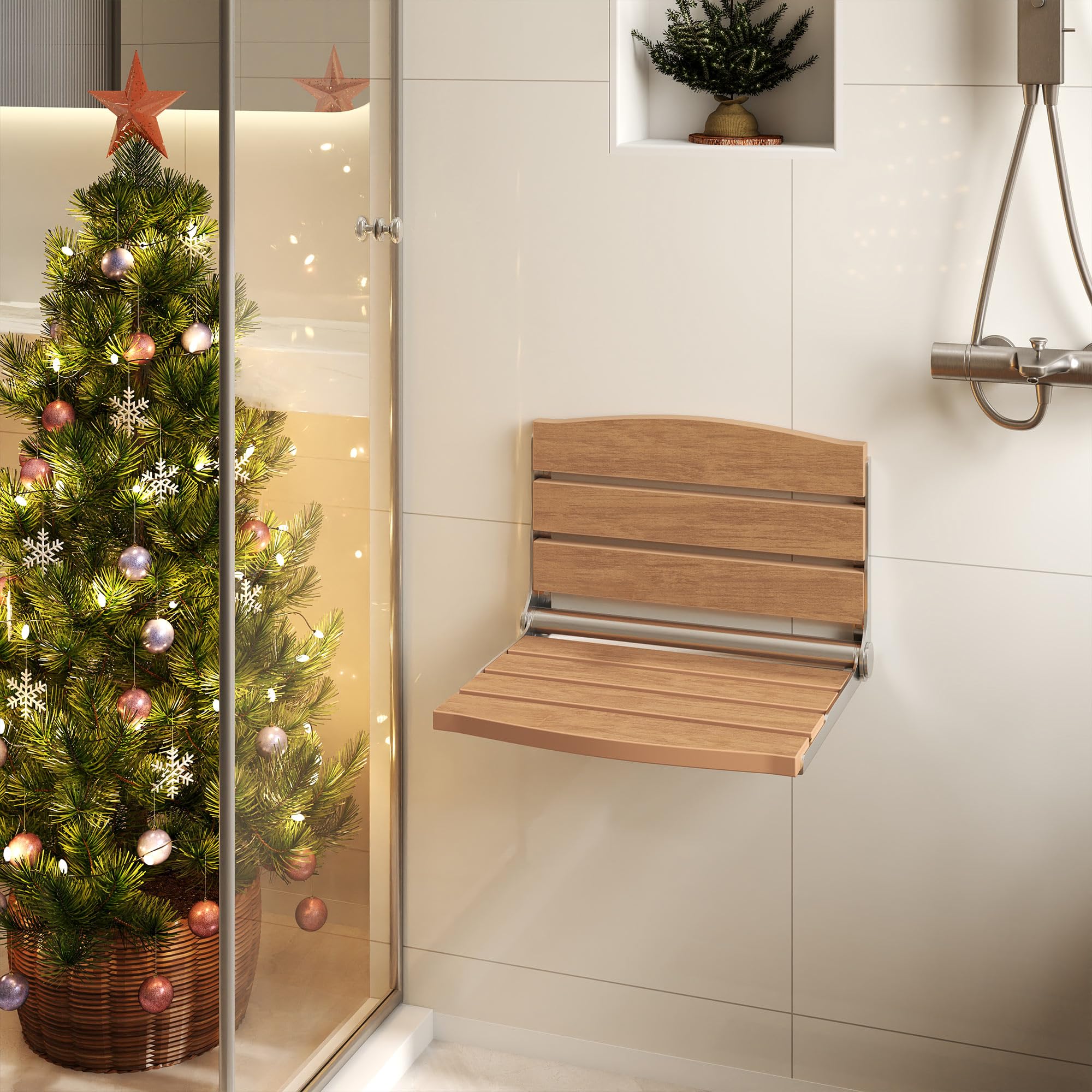 DWVO Foldable Shower Seat - Wall Mounted Shower Bench with Teak Wood - Adjustable Folding Shower Chair for Elderly, Disabled & Pregnant Women - Bathroom Safety Seat for Seniors Care, Home Accessibility & Spa Relaxation