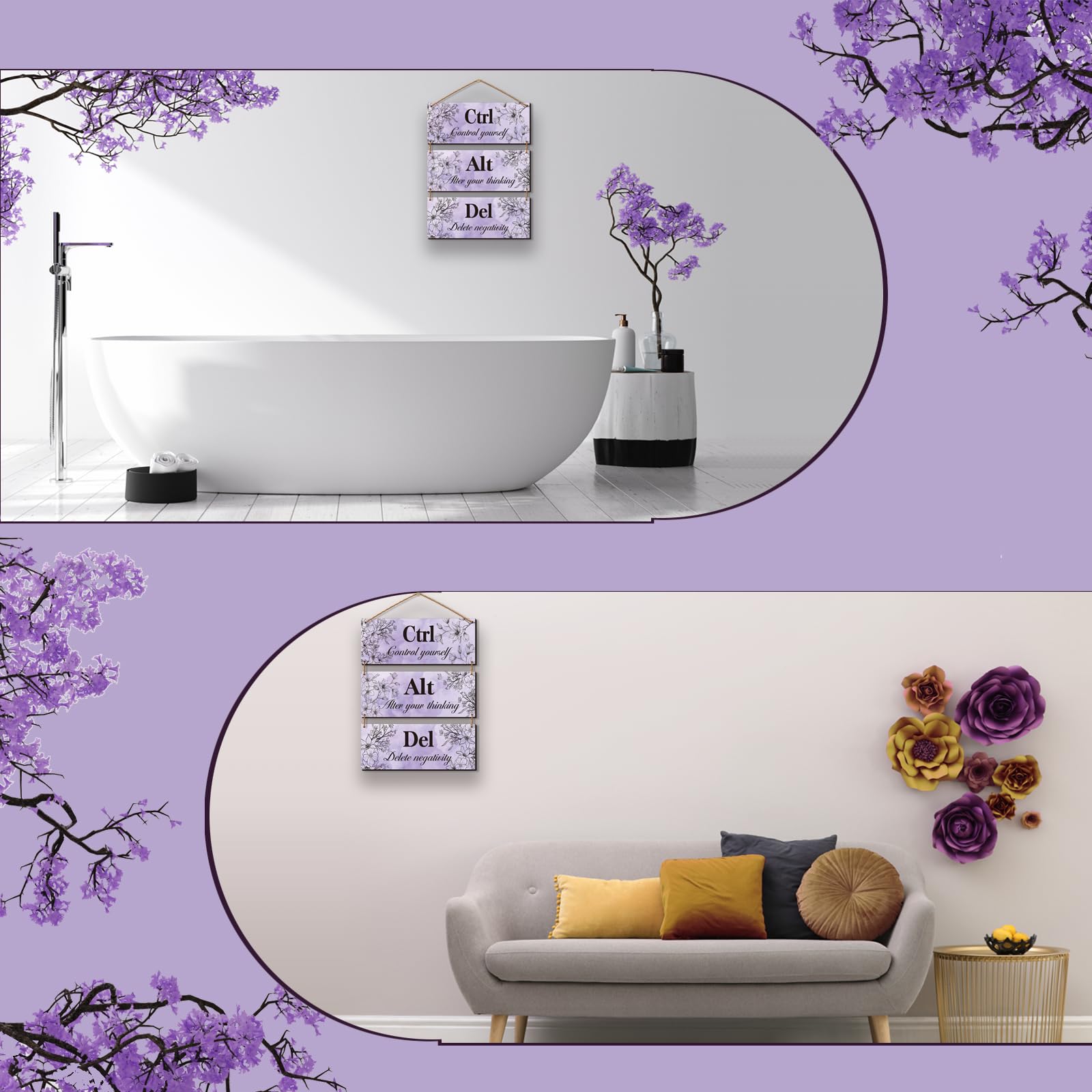 3-Piece Purple Wall Art Set - Farmhouse Wooden Signs with Inspirational Quotes for Bathroom, Office, Bedroom & Living Room Decor | Perfect for Women's Spaces & Home Décor | Motivational Ctrl Alt Del Design