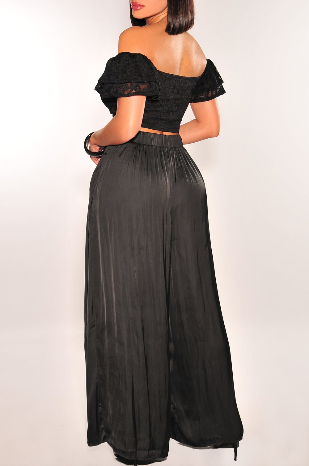 Black Floral Lace Ruffle Sleeve Tie-Up Ruched Crop Top Women's Fashion Blouse - Perfect for Date Night, Party & Summer Outfits