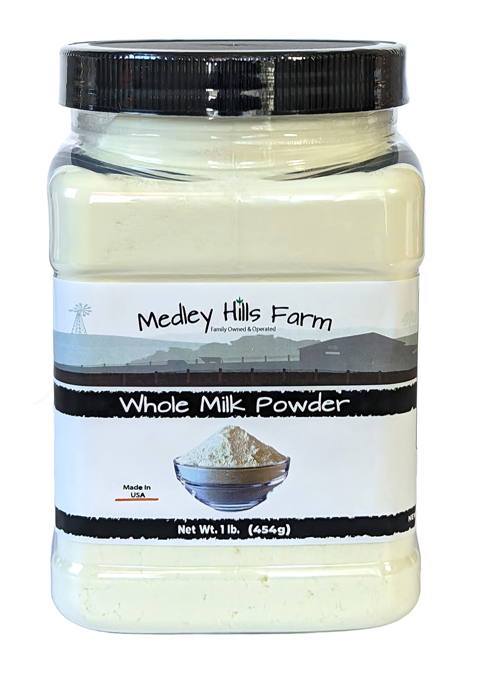 Medley Hills Farm Whole Milk Powder 1 lb - USA Made Dry Milk Powder for Baking, Cooking & Coffee - Reusable Container - Perfect for Recipes, Camping & Emergency Food Storage