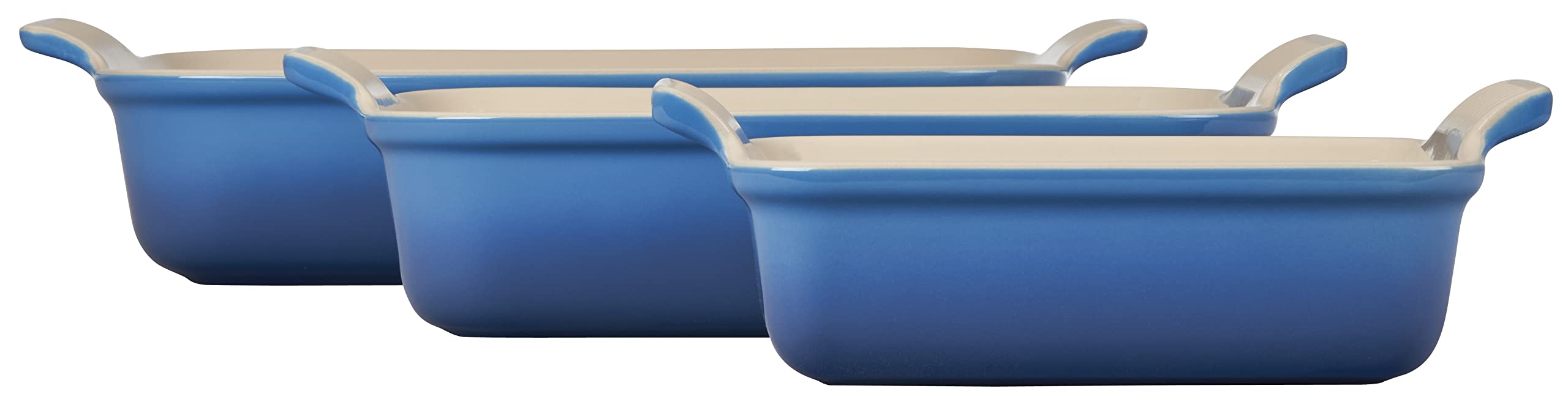 Le Creuset Stoneware Heritage Set of 3 Rectangular Baking Dishes in Marseille Blue - Oven Safe French Ceramic Cookware for Casseroles, Lasagna & Desserts