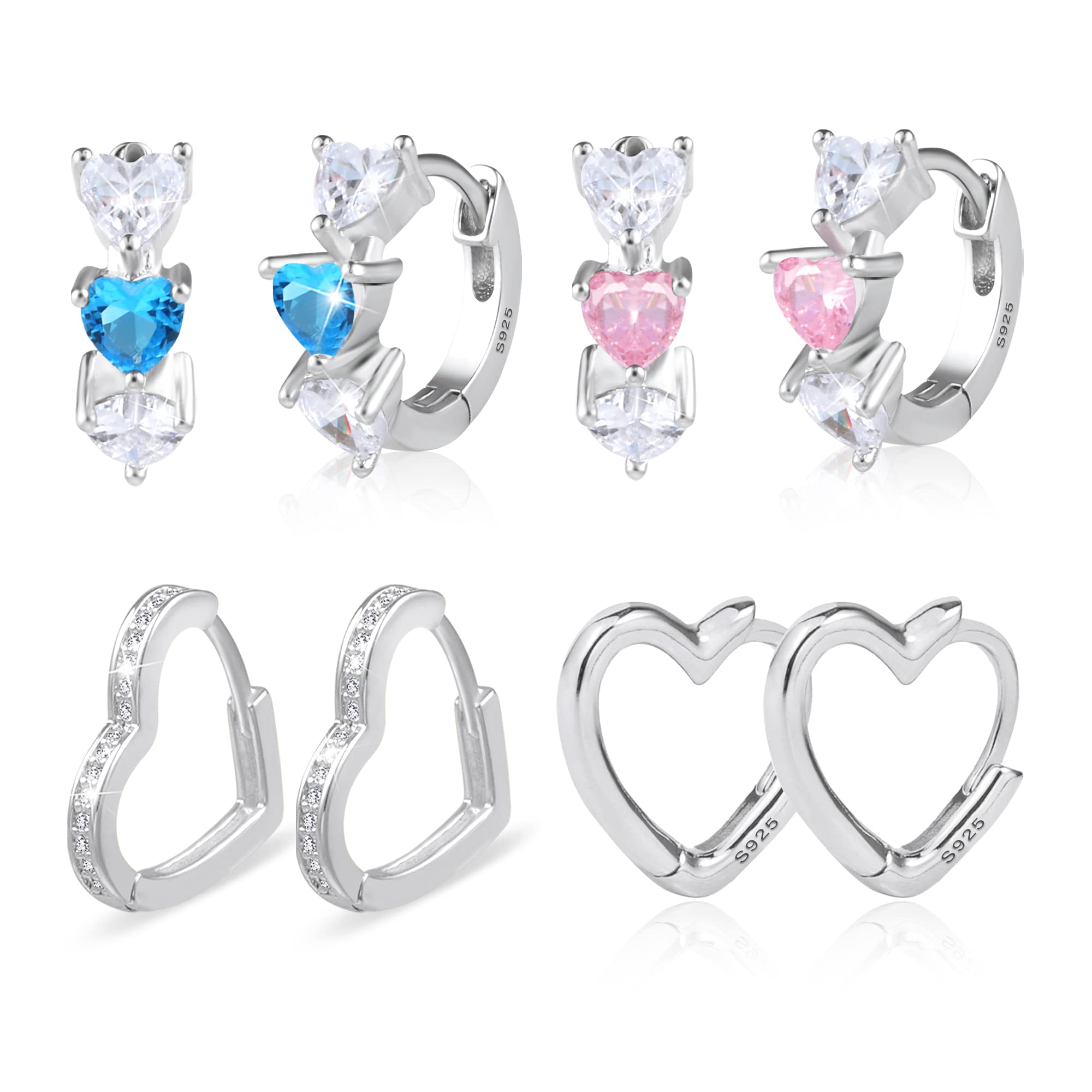 Hypoallergenic Sterling Silver Heart Hoop Earrings for Women & Girls - 4 Pairs Set in Pink & Blue - Dainty Love Jewelry for Everyday Wear, Gifts & Special Occasions