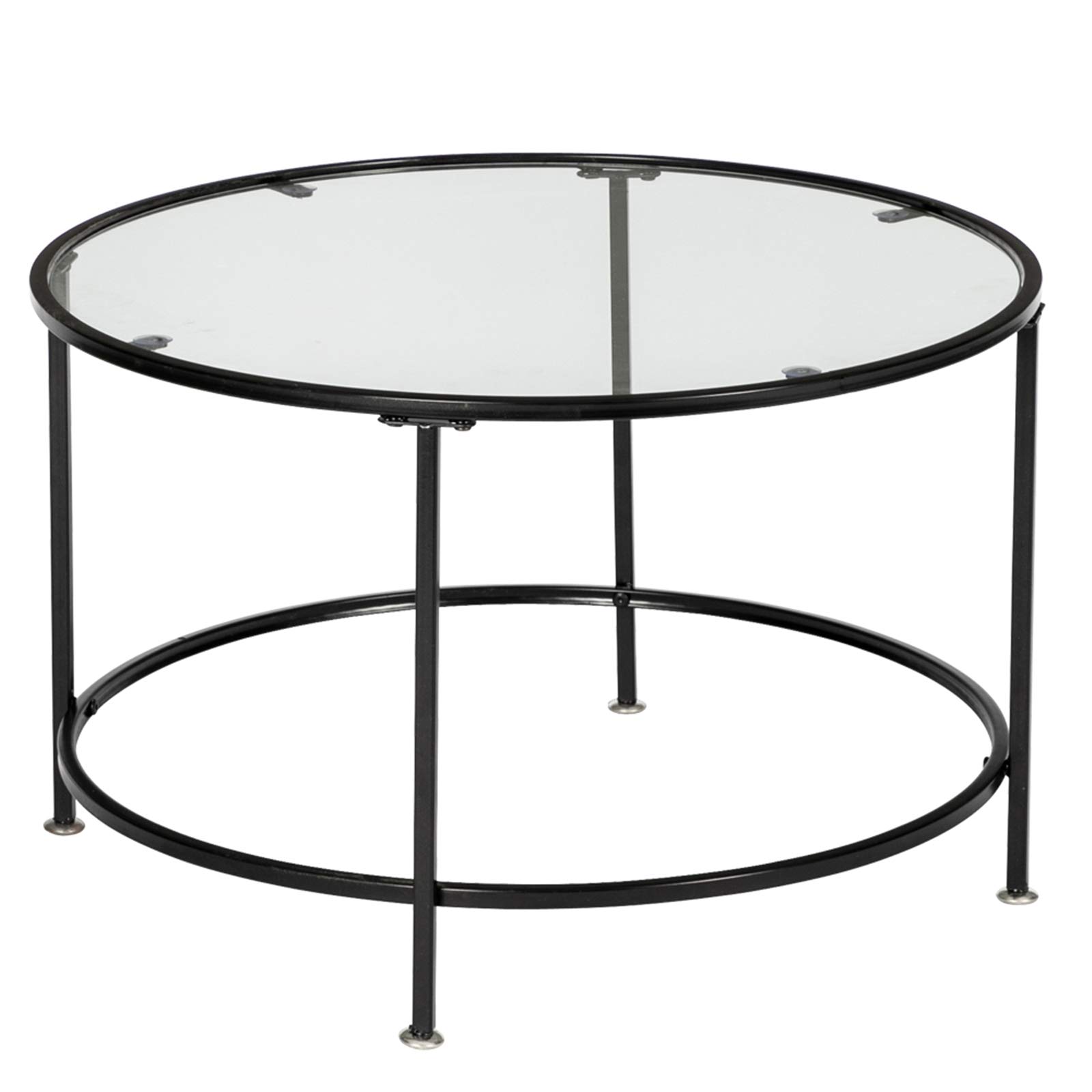 Bysesion GT2-XJ 2-Tier 5mm Tempered Glass Round Wrought Iron Coffee Table - Black Modern Living Room Furniture for Small Spaces & Apartments