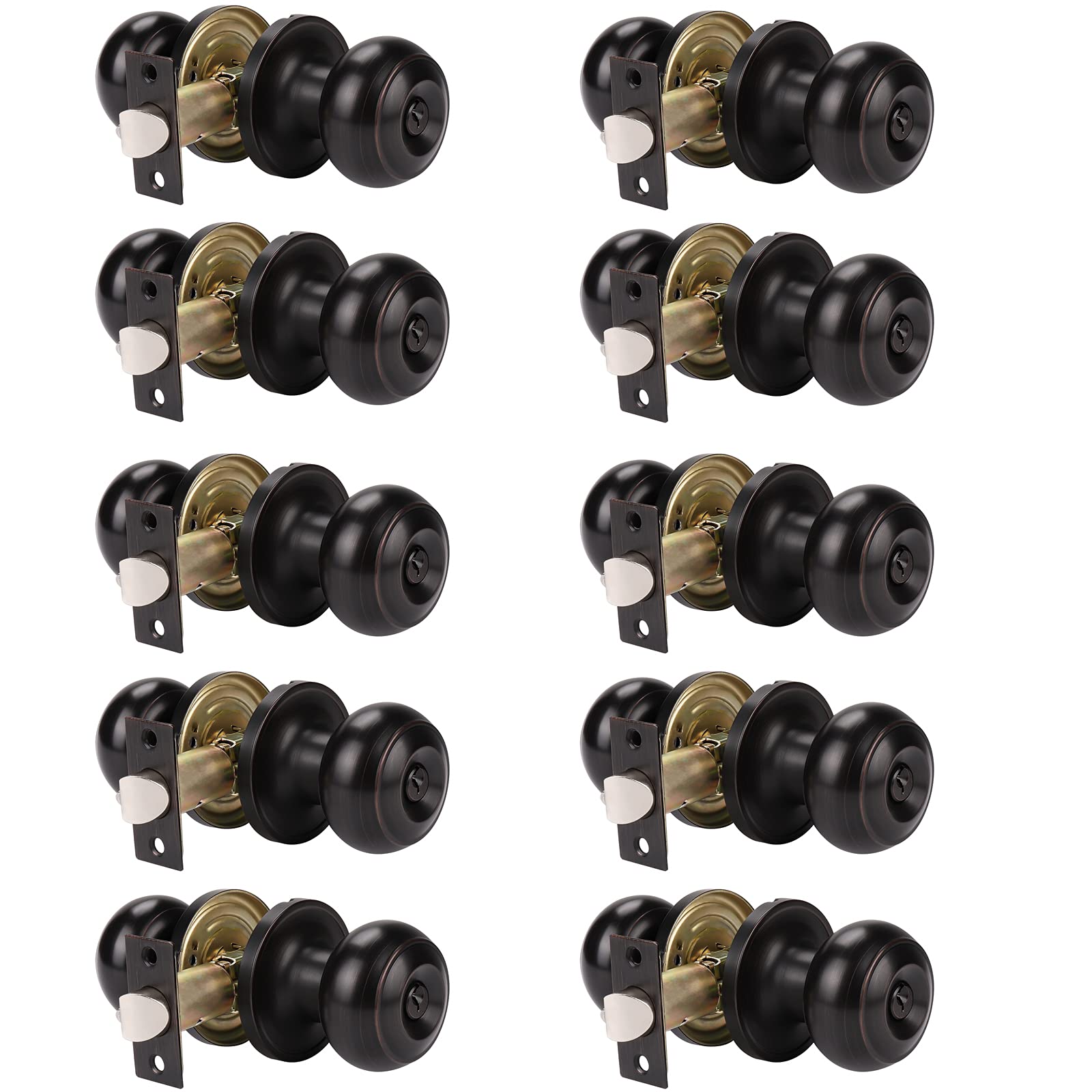 (10 Pack) Oil Rubbed Bronze Round Entry Door Knobs - Keyed Alike Exterior/Interior Door Handles for Bedroom, Bathroom, Front & Office Doors - Secure Lock with 3 Combination Keys - Perfect for Home, Apartment & Commercial Security