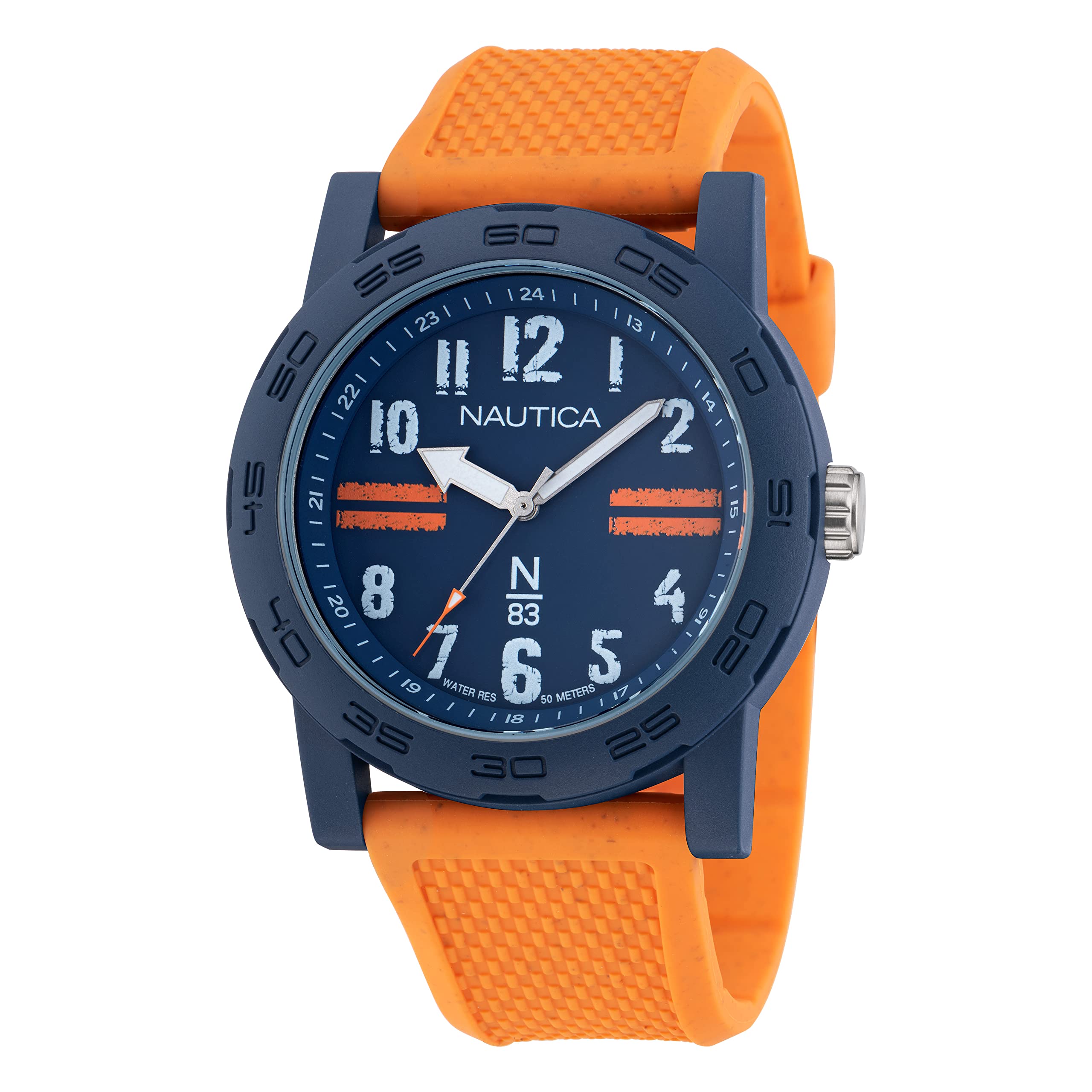 Nautica N83 Men's Watch with Blue & Orange PU Fiber Strap - Waterproof Casual & Sporty Timepiece for Diving, Swimming, and Outdoor Activities