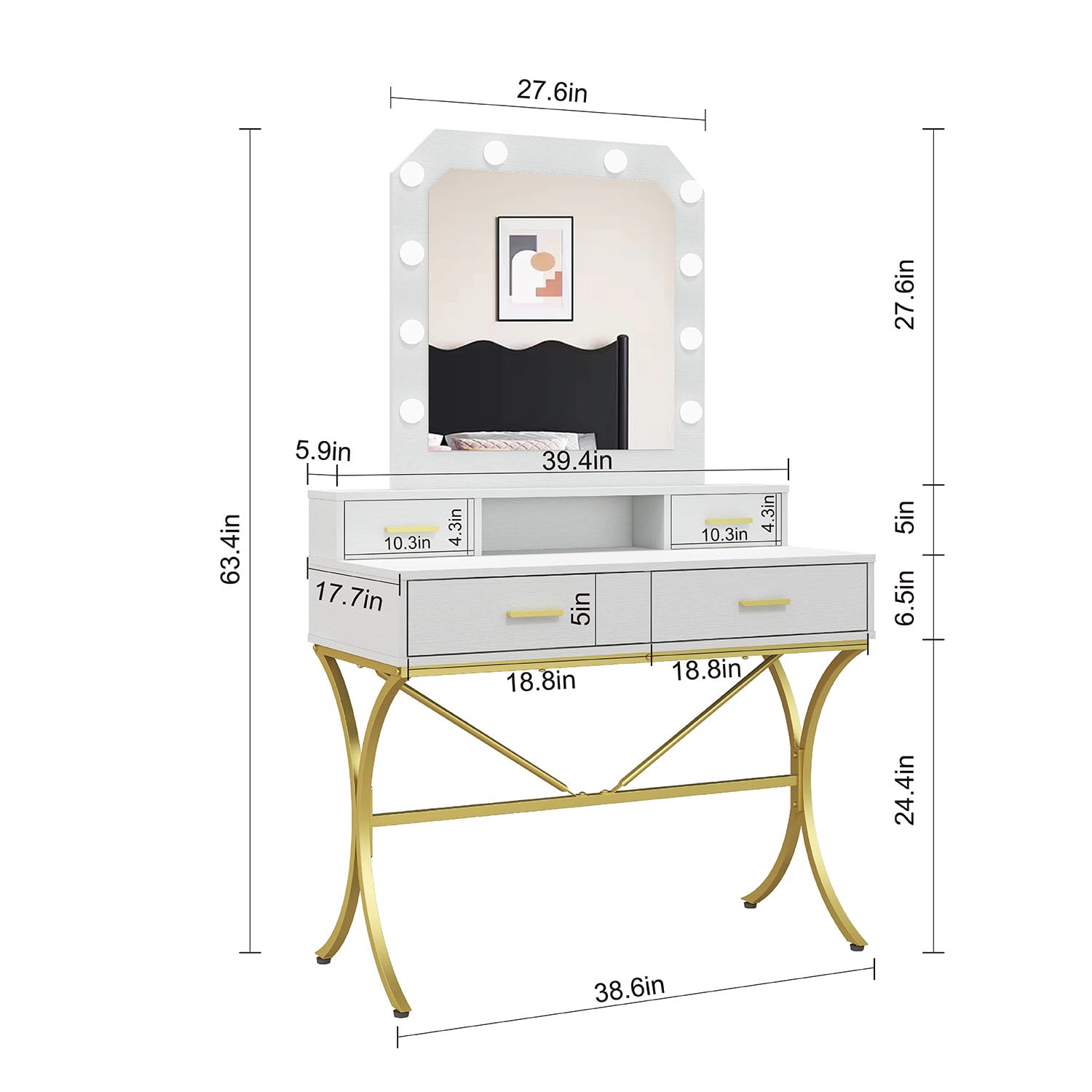 Modern Vanity Table with LED Lighted Mirror - 10 Lights Makeup Desk with 4 Drawers, White Dressing Table for Bedroom | Perfect for Makeup Application, Skincare Routine & Home Decor