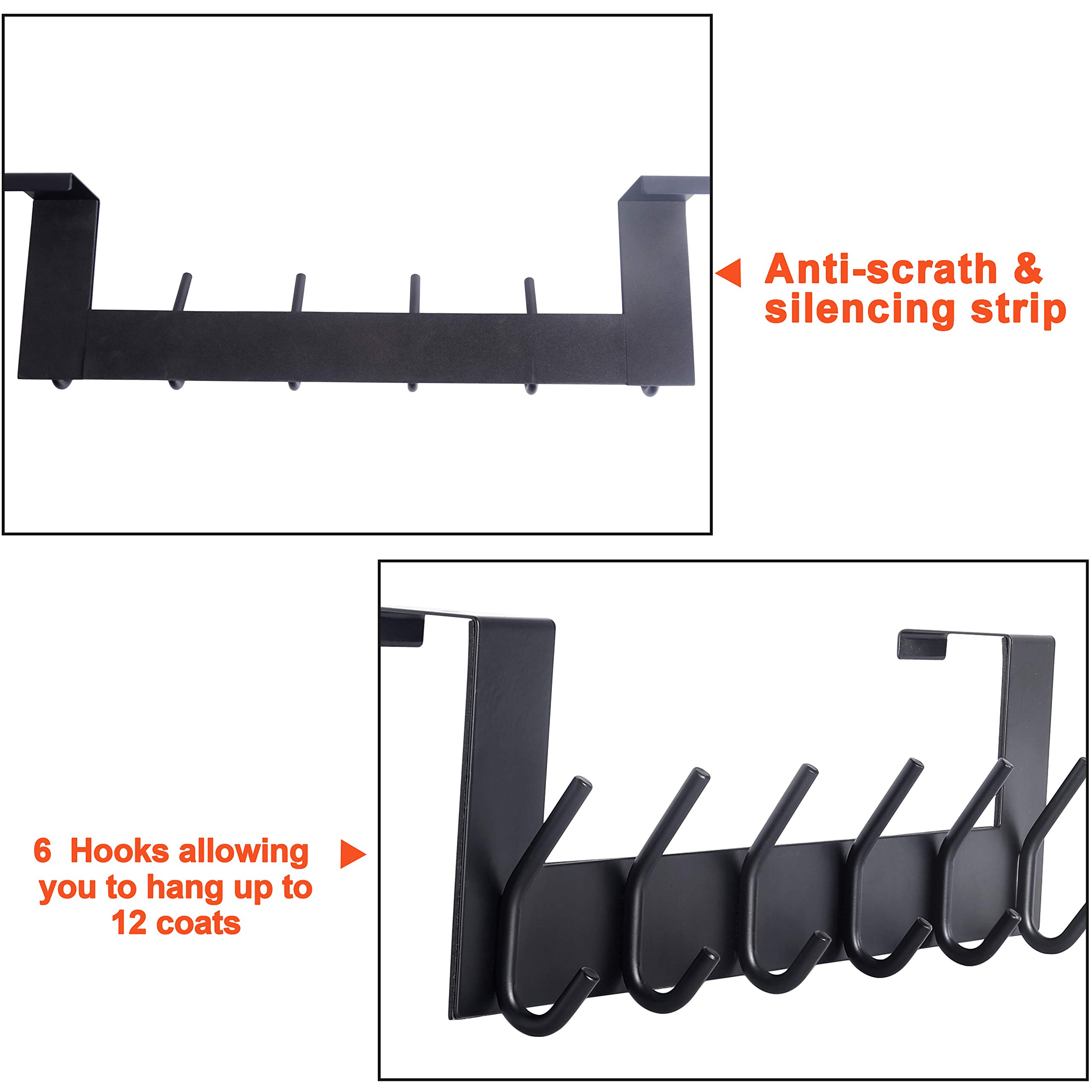 Stainless Steel Over Door Hook Hanger - 6 Hooks for Coats, Hats & Robes - Space Saving Storage