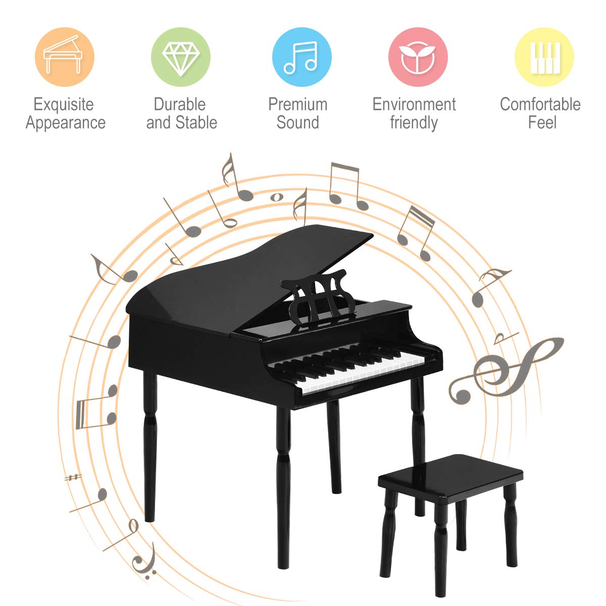 Costzon 30-Key Wooden Toy Grand Piano with Music Stand & Bench - Mini Musical Instrument for Kids, Ideal for Children's Room & Playroom - Perfect Birthday & Christmas Gift (Black, Straight Leg) - Encourage Early Music Education & Creative Play