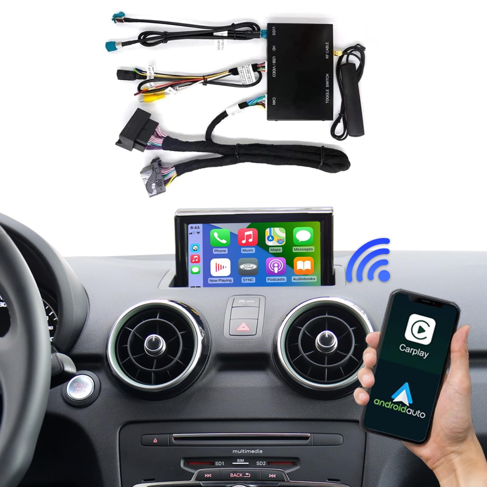 Road Top Wireless CarPlay & Android Auto Retrofit Kit for Audi A1 (2013-2018) with RMC System - Supports Navigation, MirrorLink, Rear Camera & Siri Voice Control | Plug & Play Upgrade for Seamless Smartphone Integration & Safer Driving