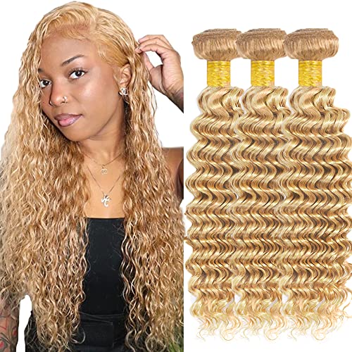 Honey Blonde Human Hair Extensions Bundle - Brazilian Virgin Remy Hair 27/613 Ombre Blonde (22/24/26 Inch) Deep Wave Weave for Styling & Volume | Perfect for Parties, Weddings & Everyday Glam