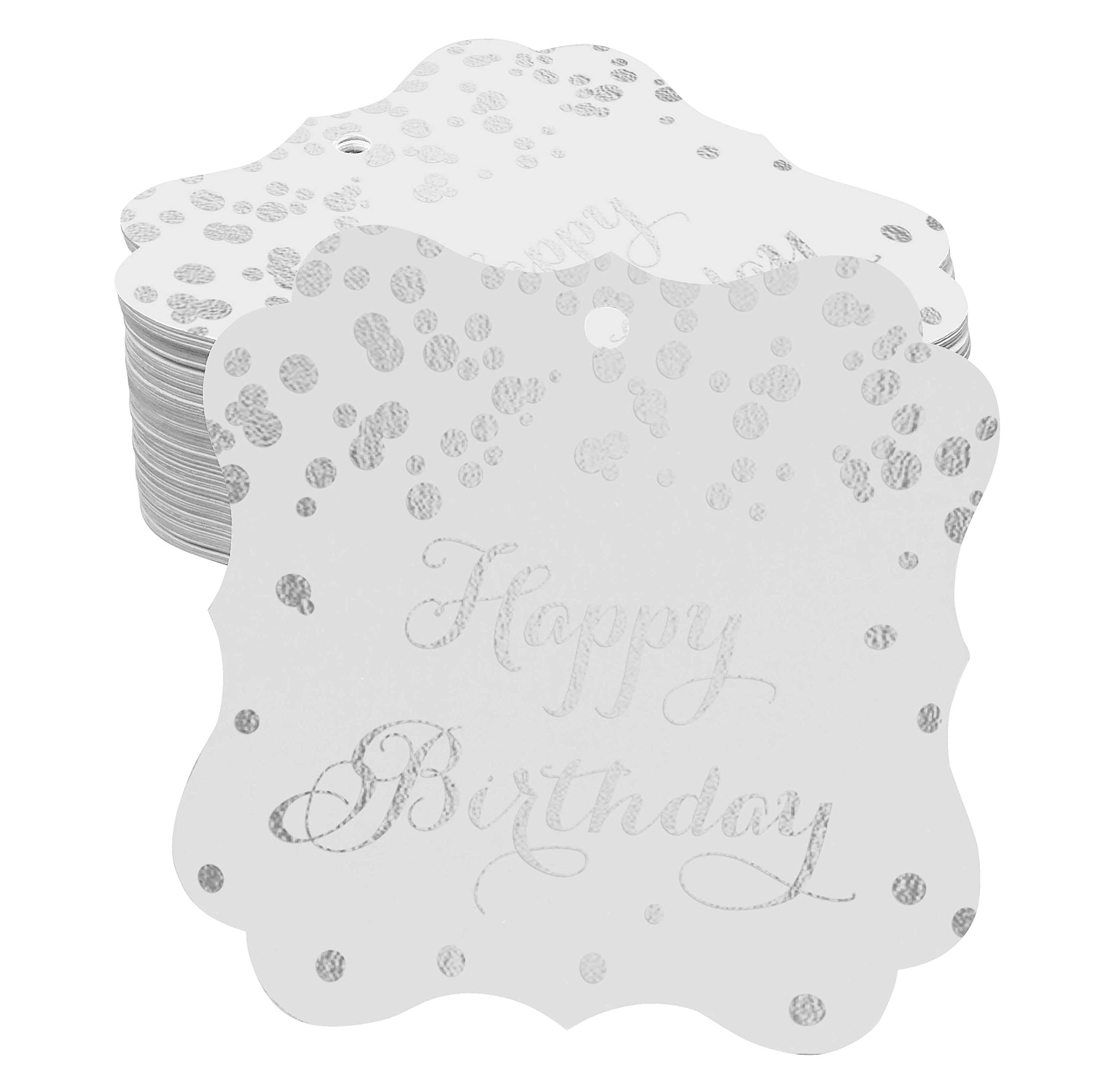100pcs Happy Birthday DIY Craft Paper Tags - Bracket Shape Real Silver Foil Hang Tags for Party Decorations, Gift Wrapping & Scrapbooking