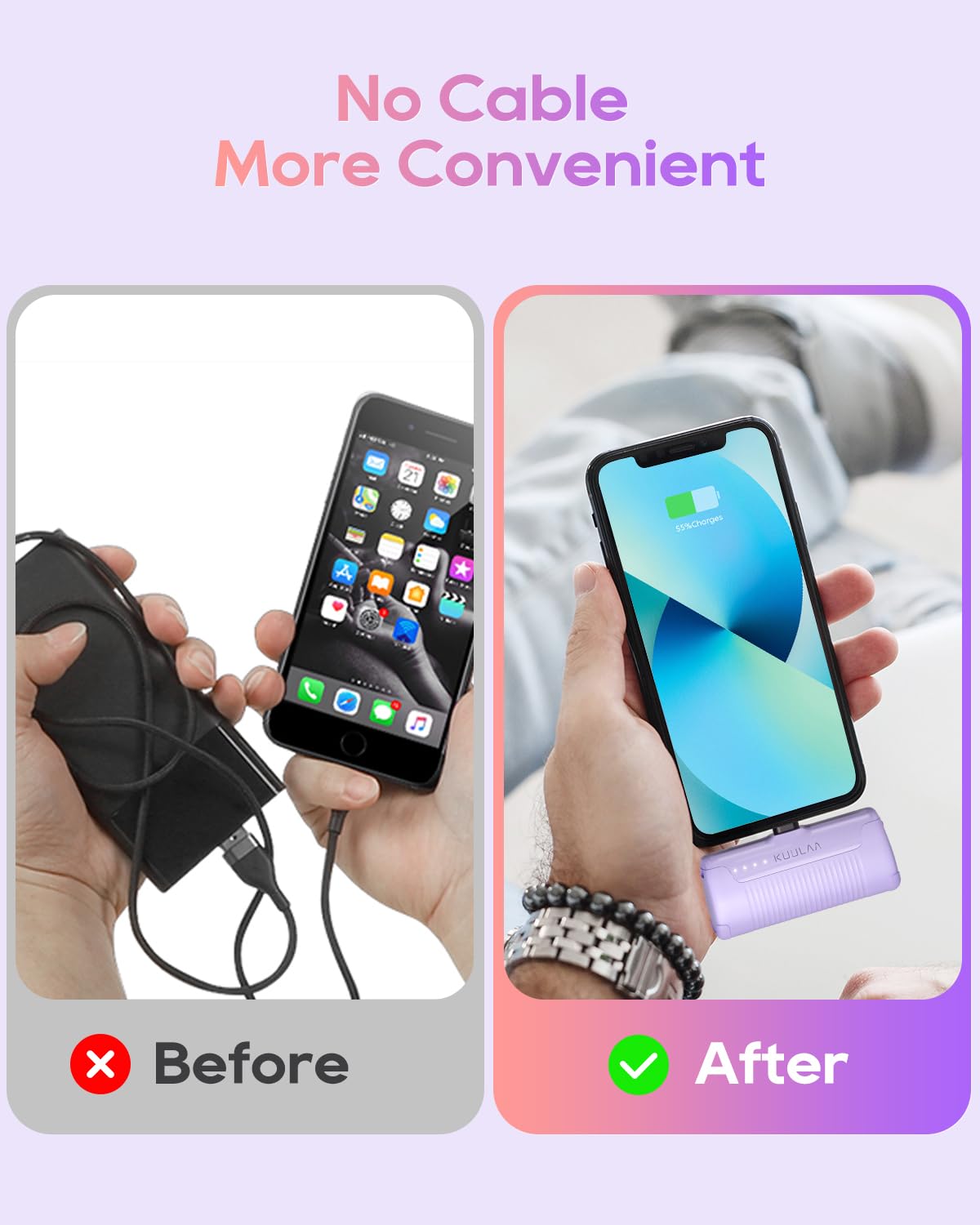 Kuulaa 4500mAh Mini Portable Charger - Compact Power Bank for iPhone 14/13/12/11/XS/XR & AirPods - Cute Purple Battery Pack for Travel, Outdoor & Emergency Charging