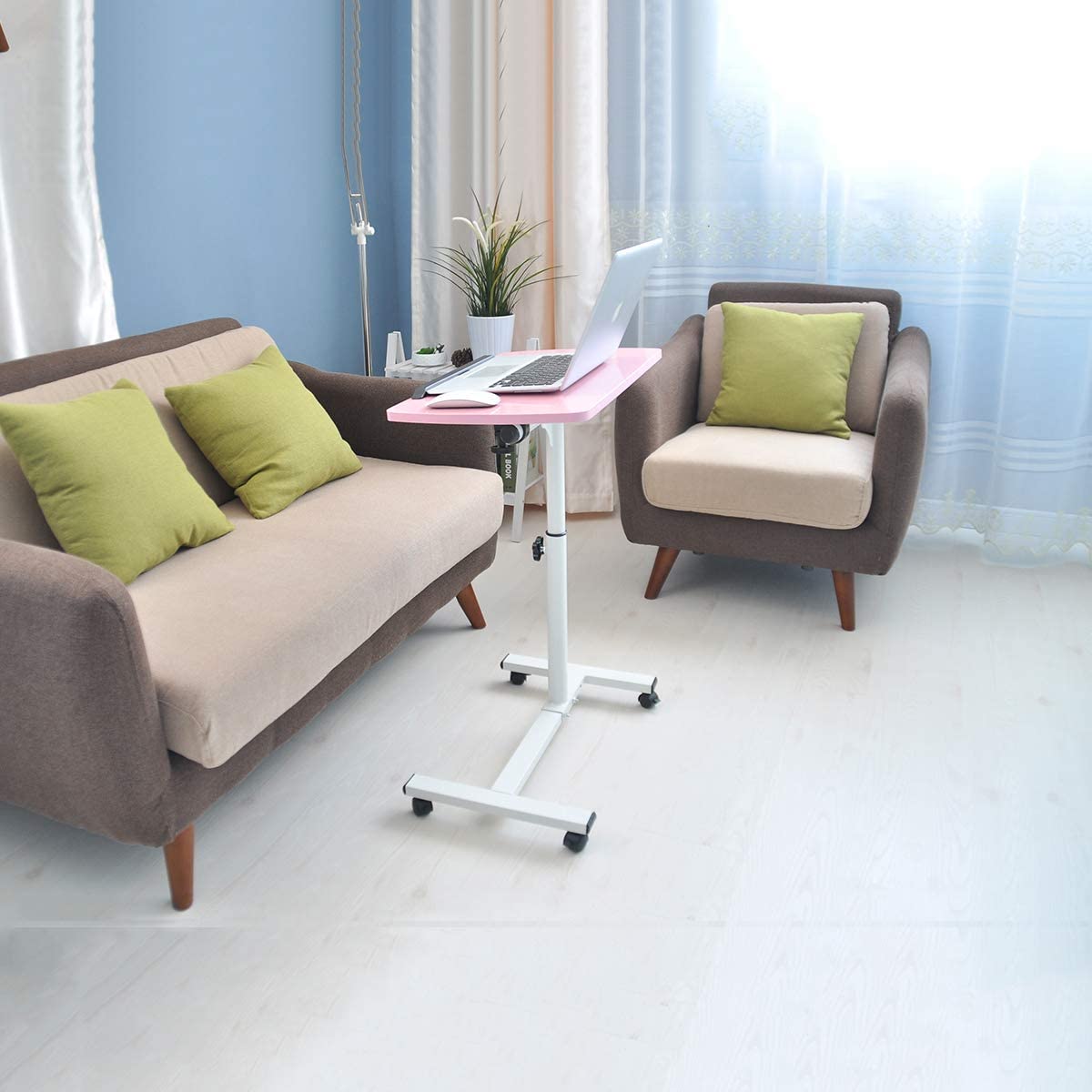 Adjustable Rolling Laptop Desk Cart - Mobile Standing Workstation with Angle & Height Adjustment, Small Over Bed Table for Home Office (Pink) | Perfect for Remote Work, Studying, Gaming & Hospital Use