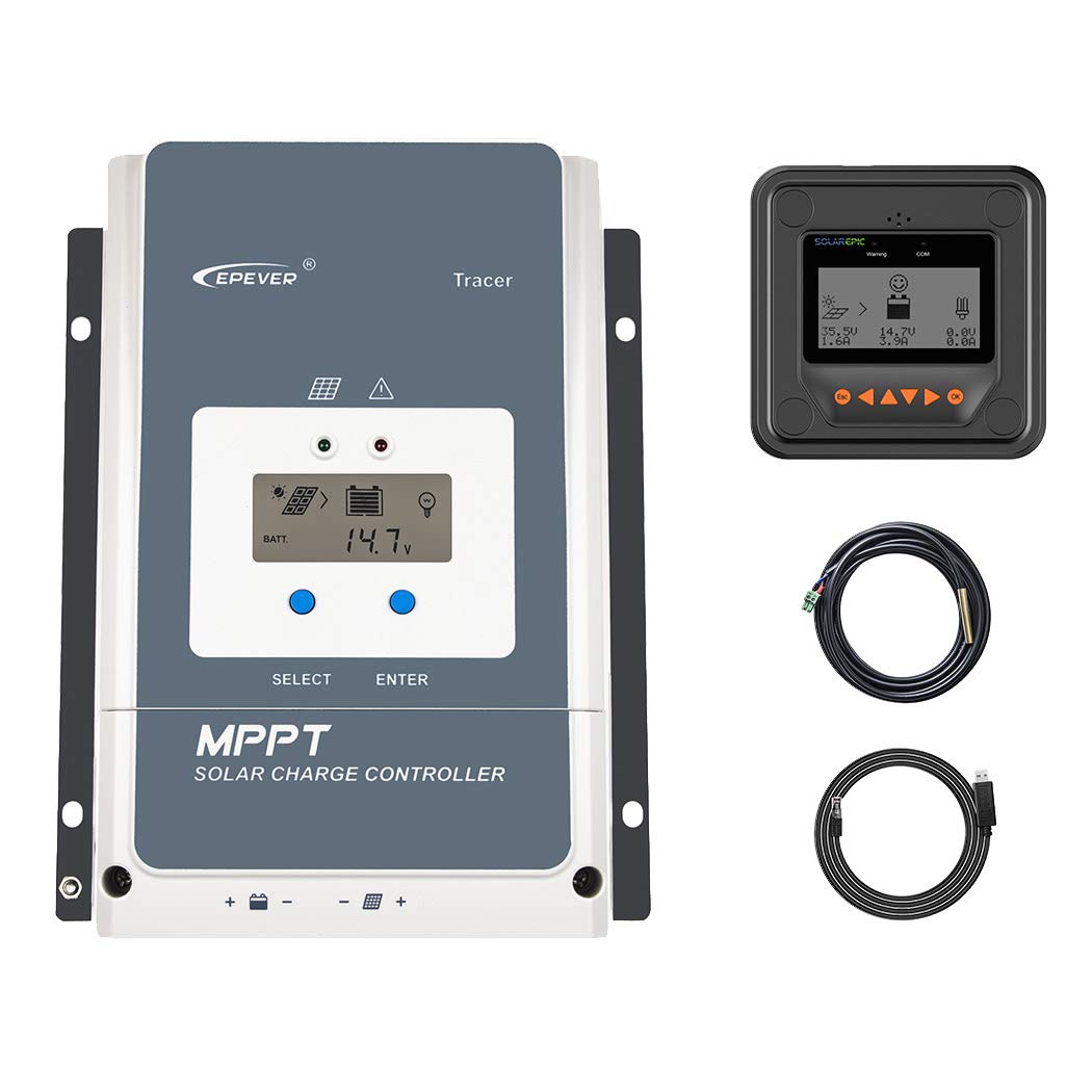 EPEVER 50A MPPT Solar Charge Controller with MT50 Remote Meter - Negative Ground, 150V PV Input, Temperature Sensor & PC Cable for Solar Panel Systems - Perfect for Off-Grid, RV, Marine, and Home Solar Power Applications