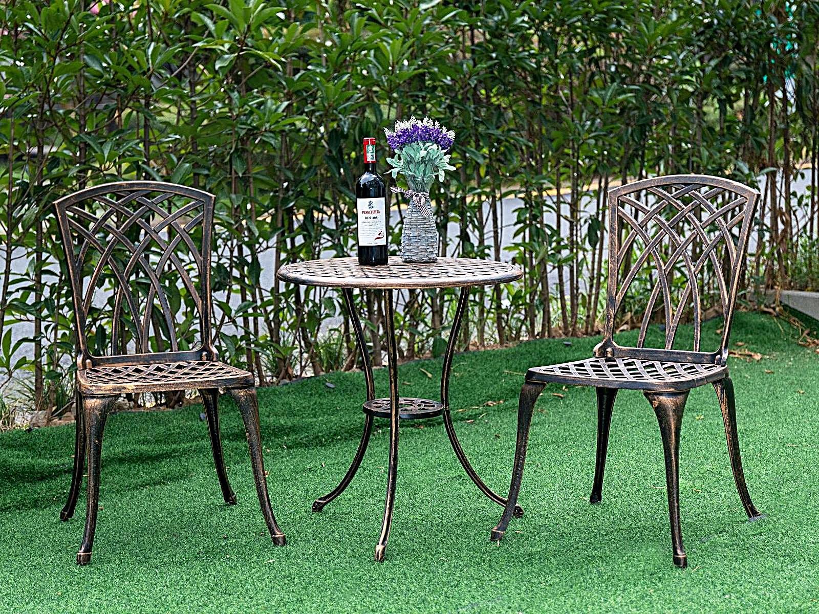 3-Piece Cast Aluminum Bistro Set with 2 Chairs & Round Table - Outdoor Patio Furniture with Umbrella Hole - Perfect for Balcony, Garden, Poolside Dining & Backyard Relaxation (Bronze)