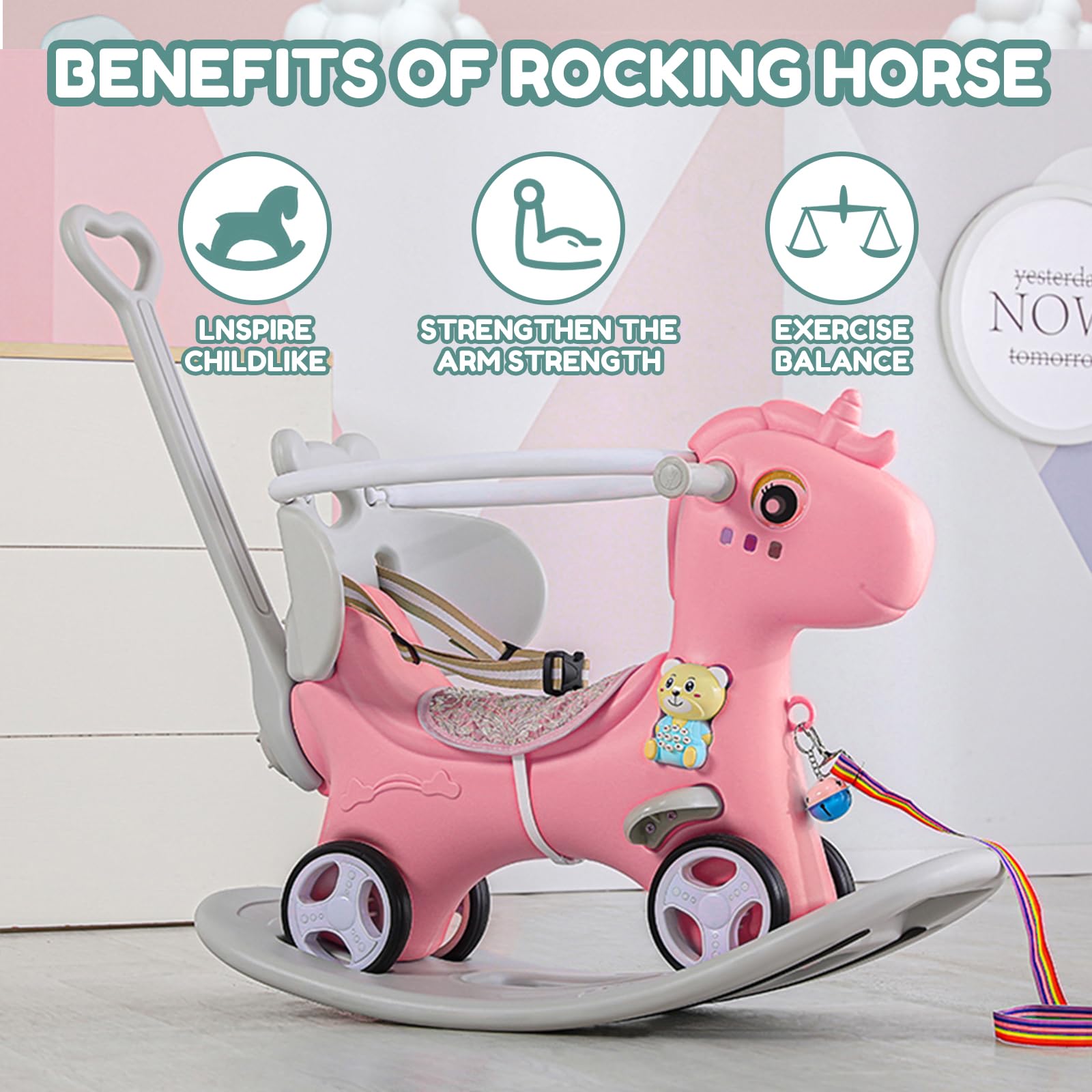 4 in 1 Rocking Horse & Balance Bike for Toddlers 1.5-3 Years Old - Push Handle Ride On Toy with Adjustable Backrest & Balance Board - Safe Baby Rocking Toy Gift for Boys & Girls (Pink) - Perfect for Indoor Play, Birthday Presents & Early Childhood Development
