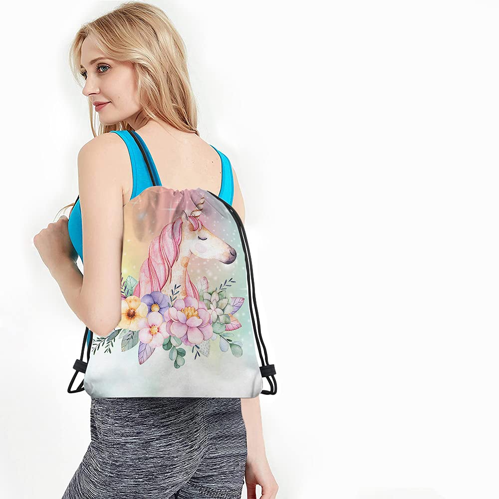**Pink Unicorn Drawstring Backpack with Wavy Hair & Galaxy Print - Gym Sack, Yoga Bag for Men & Women - Perfect for Sports, Travel, and School**
