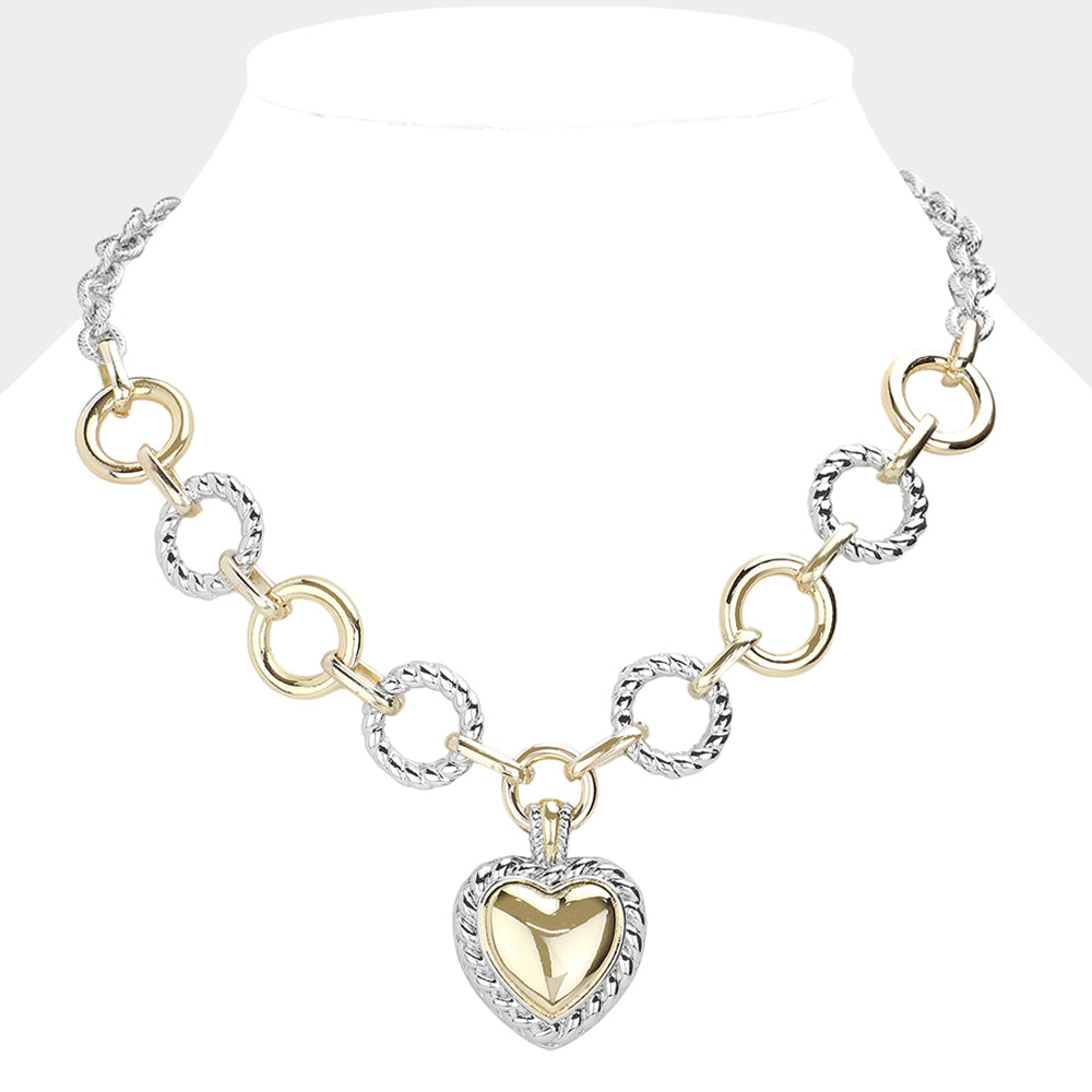14K Gold Plated Two Tone Textured Heart Pendant Necklace for Women - Elegant Layering Jewelry Gift for Valentine's Day, Anniversary & Special Occasions