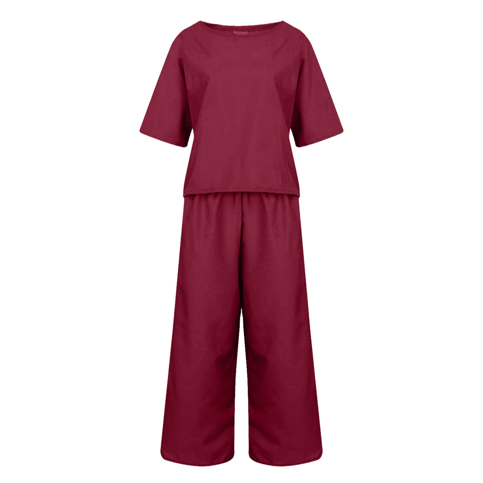 Binmer Women's 2-Piece Linen Lounge Set - Summer Short Sleeve Top & Belted Wide Leg Pants Outfit | Casual Comfort Wear for Home, Travel & Yoga