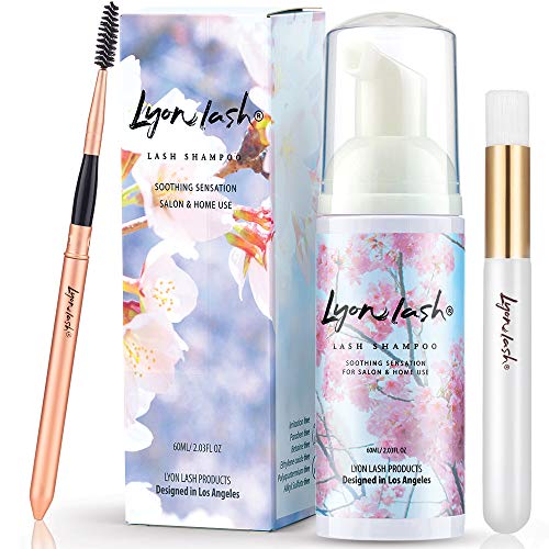 Lyon Lash Eyelash Extension Shampoo - Gentle Foam Cleanser for Sensitive Eyes | Paraben & Sulfate Free | Removes Makeup, Oil & Dust | Includes 60ml Bottle + Mascara Wand + Cleansing Brush | Perfect for Salon & Home Use | Ideal for Eyelash Care & Daily Eye Hygiene