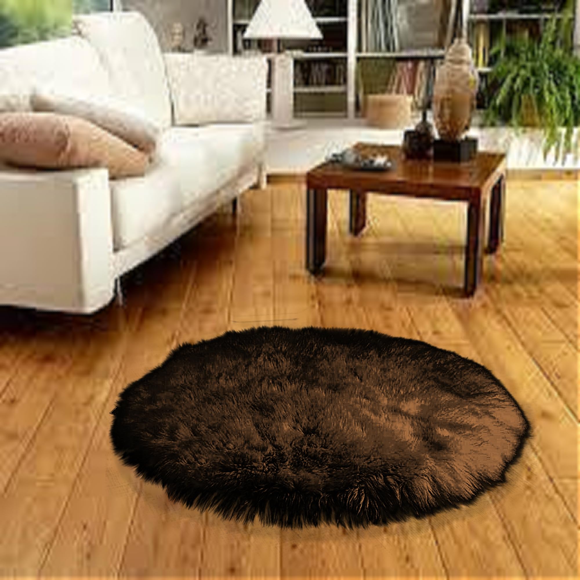 White Faux Fur Round Shag Accent Rug - 36