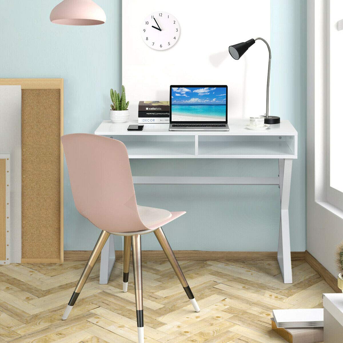 Modern Computer Desk with 2 Storage Compartments - Writing Desk, Makeup Vanity Table for Home Office, Study & Bedroom - Space-Saving Workstation for Remote Work, Online Classes & Beauty Routine