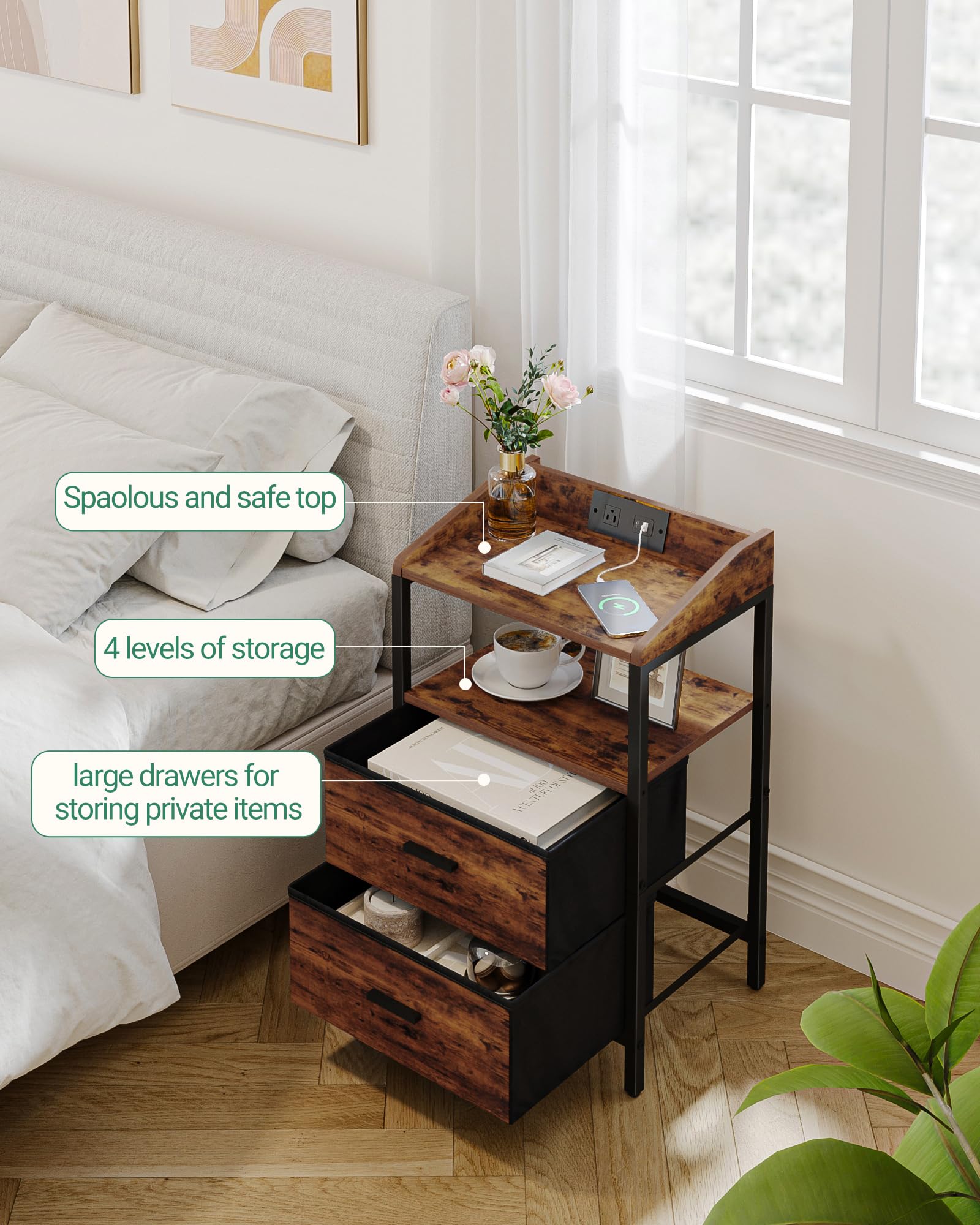 Modern Nightstand with USB Ports & Power Outlets - Rustic Brown End Table with Storage for Bedroom