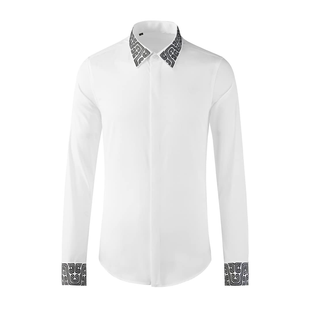 Men's Slim Fit Long Sleeve Button Down Shirt - Cotton Business Formal Dress Shirt with Embroidery Detail | Perfect for Office, Weddings & Special Occasions