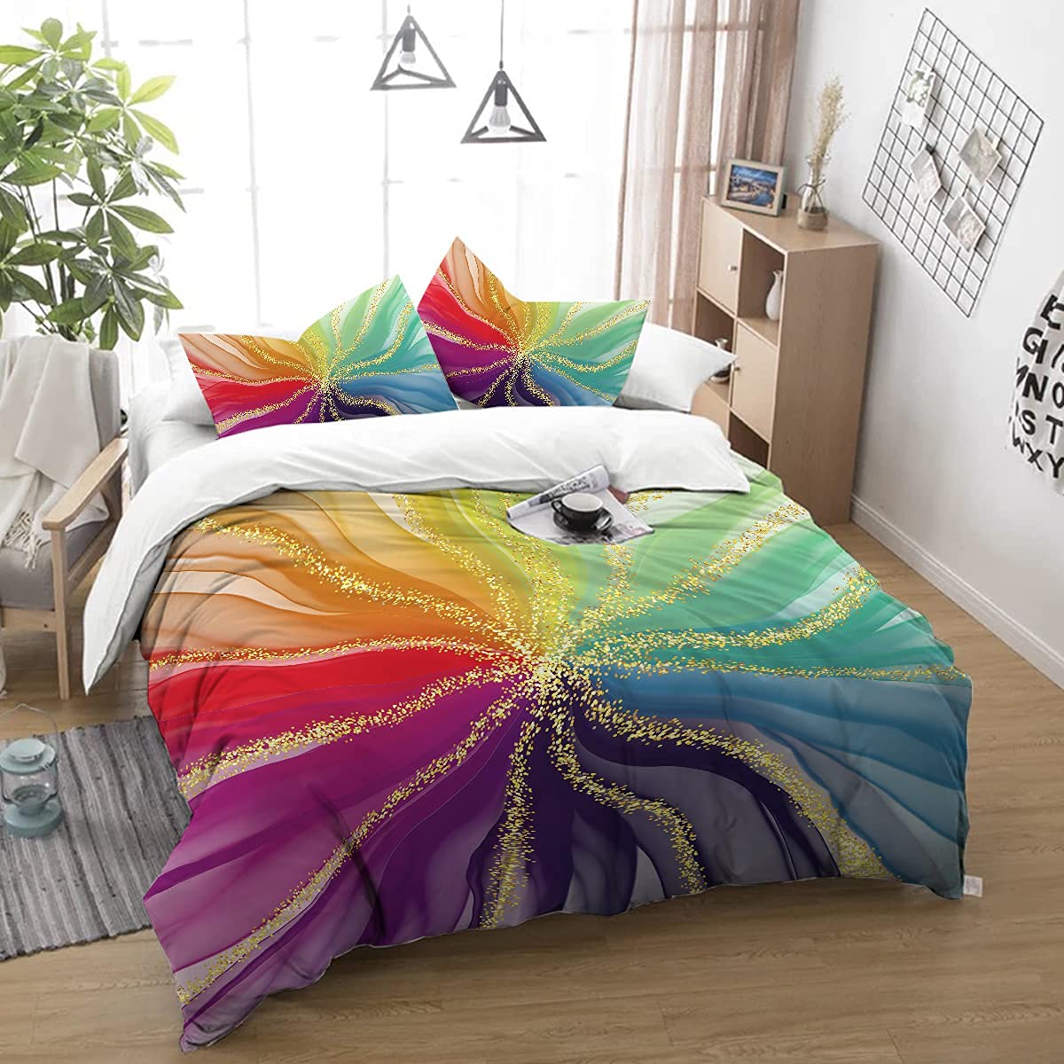 3 Piece Colorful Glitter Duvet Cover Set - Soft Comforter Cover & Pillowcases for Queen Size Bed (90x90 Inches) | All-Season Luxury Bedding Set for Girls, Teens & Adults | Perfect for Bedroom Decor, Guest Rooms & Dorm Essentials